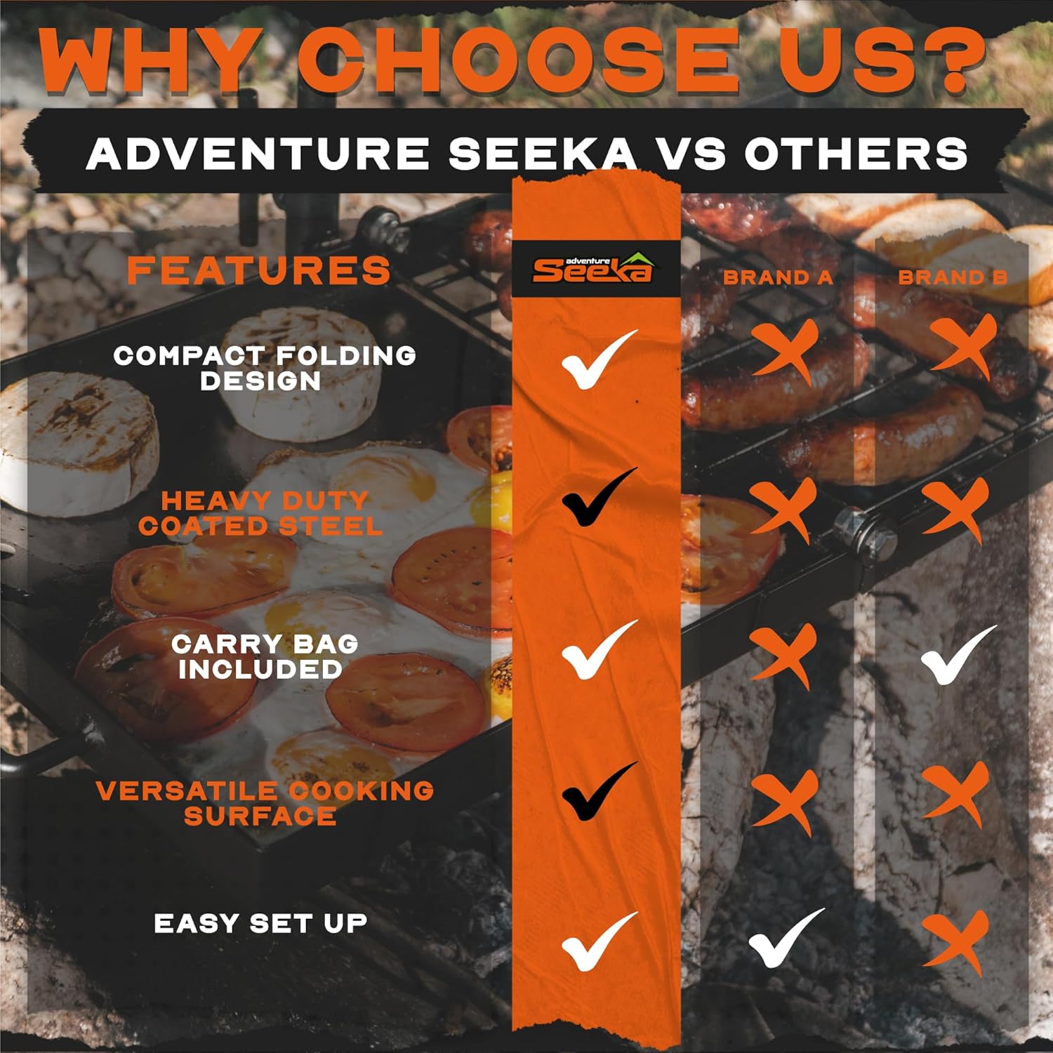 Adventure Seeka 24" Heavy Duty Folding Campfire Grill, Compact Swivel Grill Design, Food-Safe Cooking Surface, Grate & Griddle for Campfire Cooking, Australian Owned