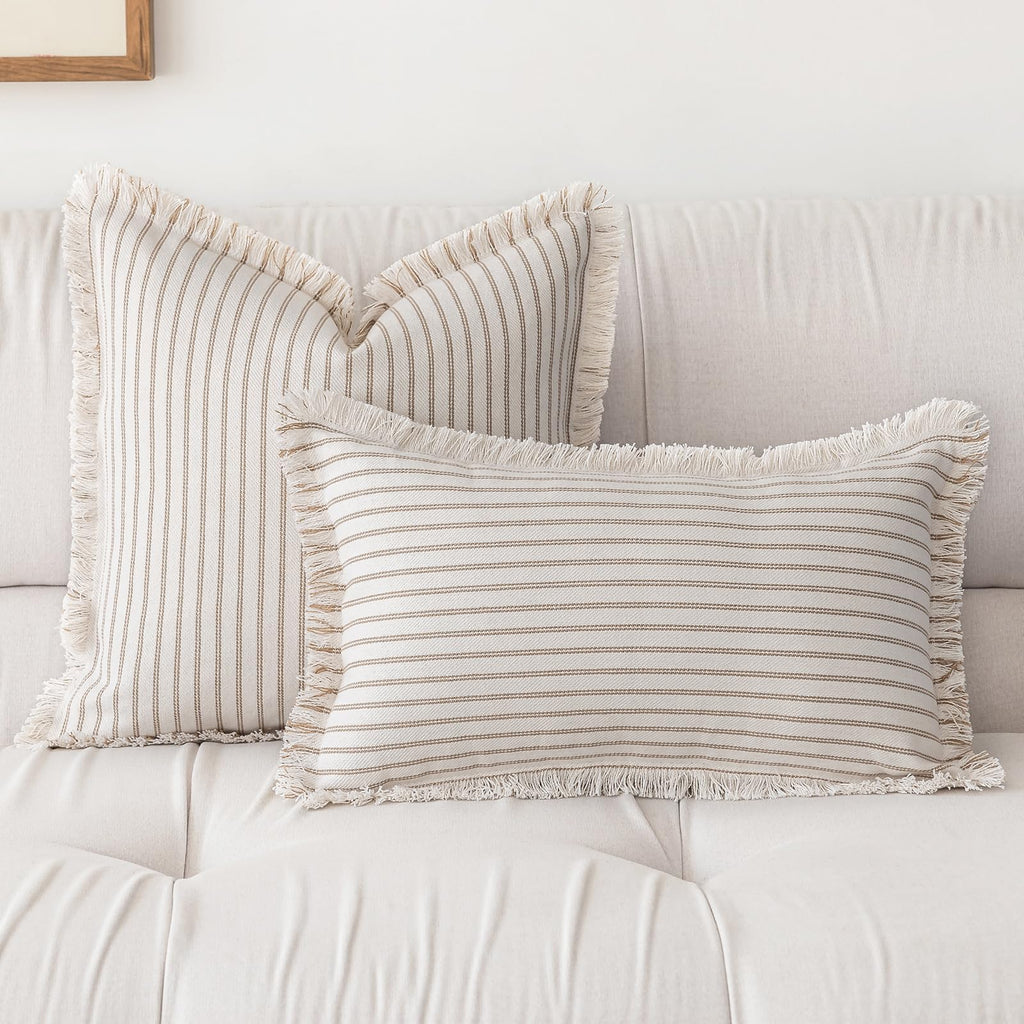 YEENAASY Throw Pillow Covers 20x20 Set of 2 Striped Fringe Pillow Cover Farmhouse Cushion Covers with Tassel Neutral Boho Pillows Decorative Square Pillowcase for Couch Sofa Bed, Black