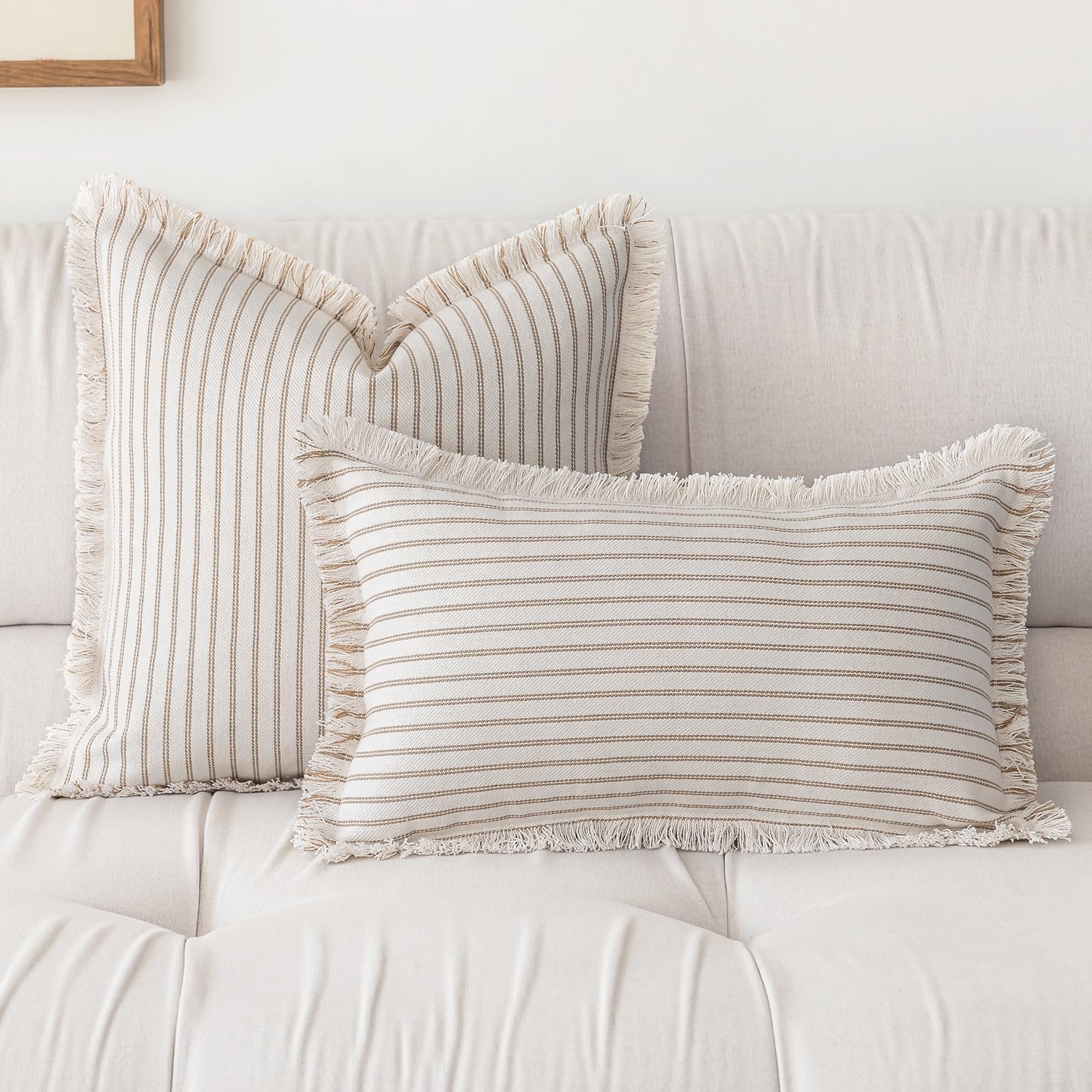 YEENAASY Throw Pillow Covers 20x20 Set of 2 Striped Fringe Pillow Cover Farmhouse Cushion Covers with Tassel Neutral Boho Pillows Decorative Square Pillowcase for Couch Sofa Bed, Black