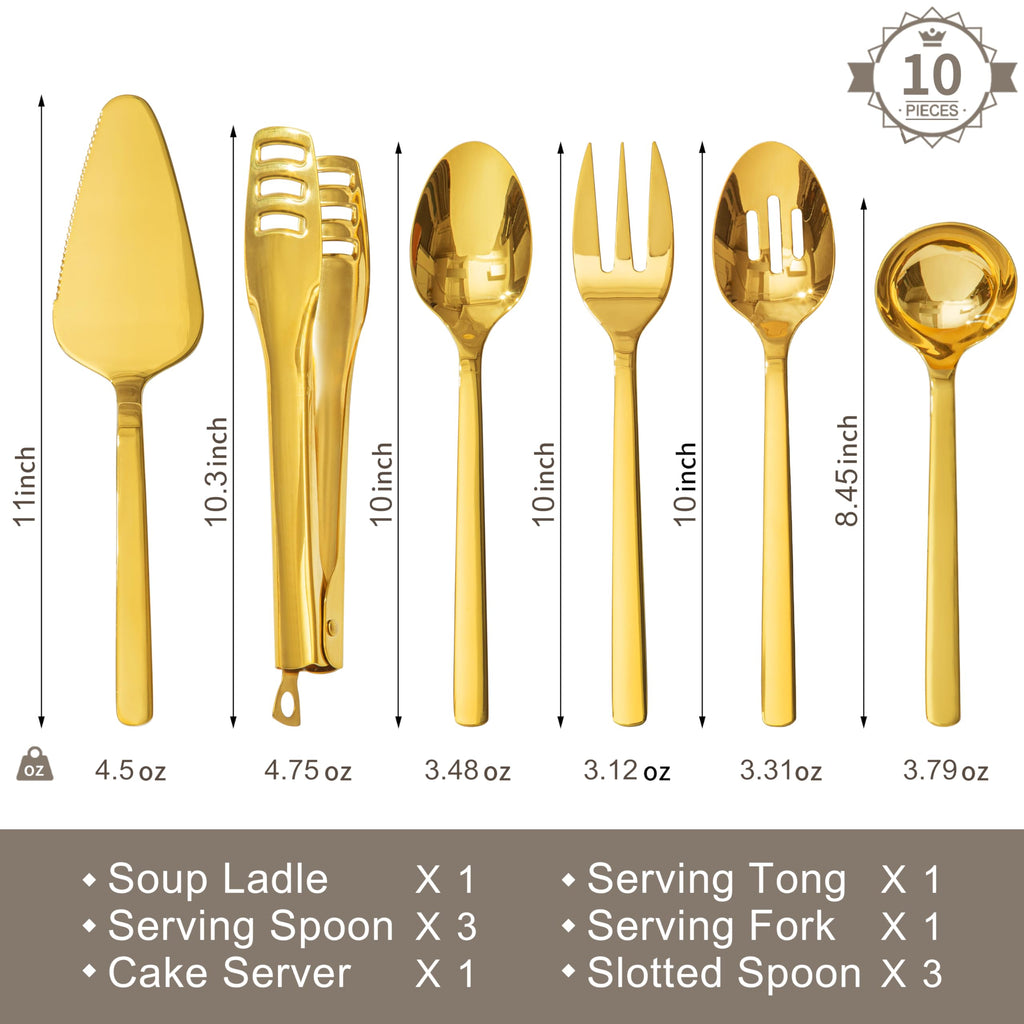 KINGSTONE Large Hostess Serving Utensils Set, 18/10 Stainless Steel Heavy Duty 10-inch Serving Utensils, Slotted Spoons, Forks, Tongs, Cake Pie Server for Buffet, Wedding, Party