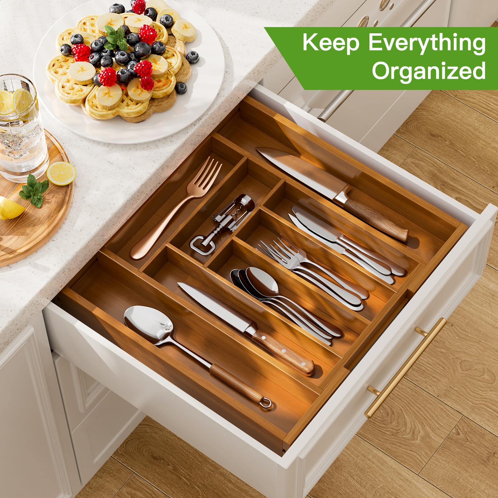 Pipishell Bamboo Expandable Silverware Drawer Organizer, Adjustable Kitchen Utensil Tray for Forks, Spoons and Knives, Wood Storage Cutlery Holder for Bedroom and Living Room