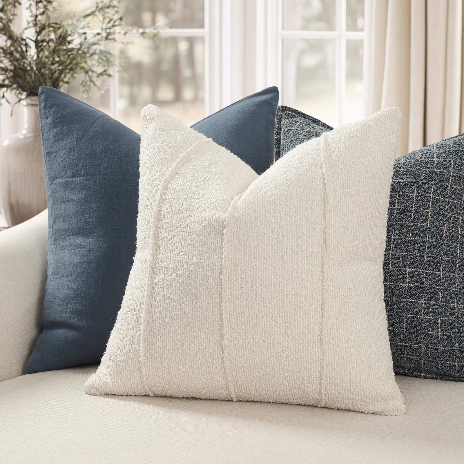 YCOLL Textured Boucle Throw Pillow Covers 20x20 Pack of 2 - Soft Neutral Striped Cushion Covers, Cozy Accent Decorative Pillow Covers for Couch, Sofa, Bed, Living Room (Beige)