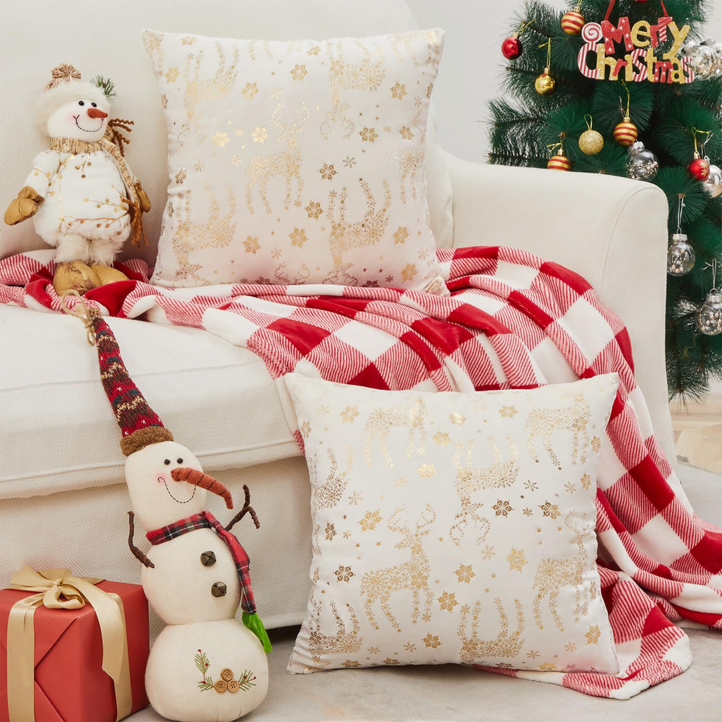 Topfinel Christmas Pillow Covers 18x18 Set of 2,Xmas Cream Velvet Snowflake Reindeer Decorative Pillow Case Winter Holiday Decor for Home Couch,White and Gold
