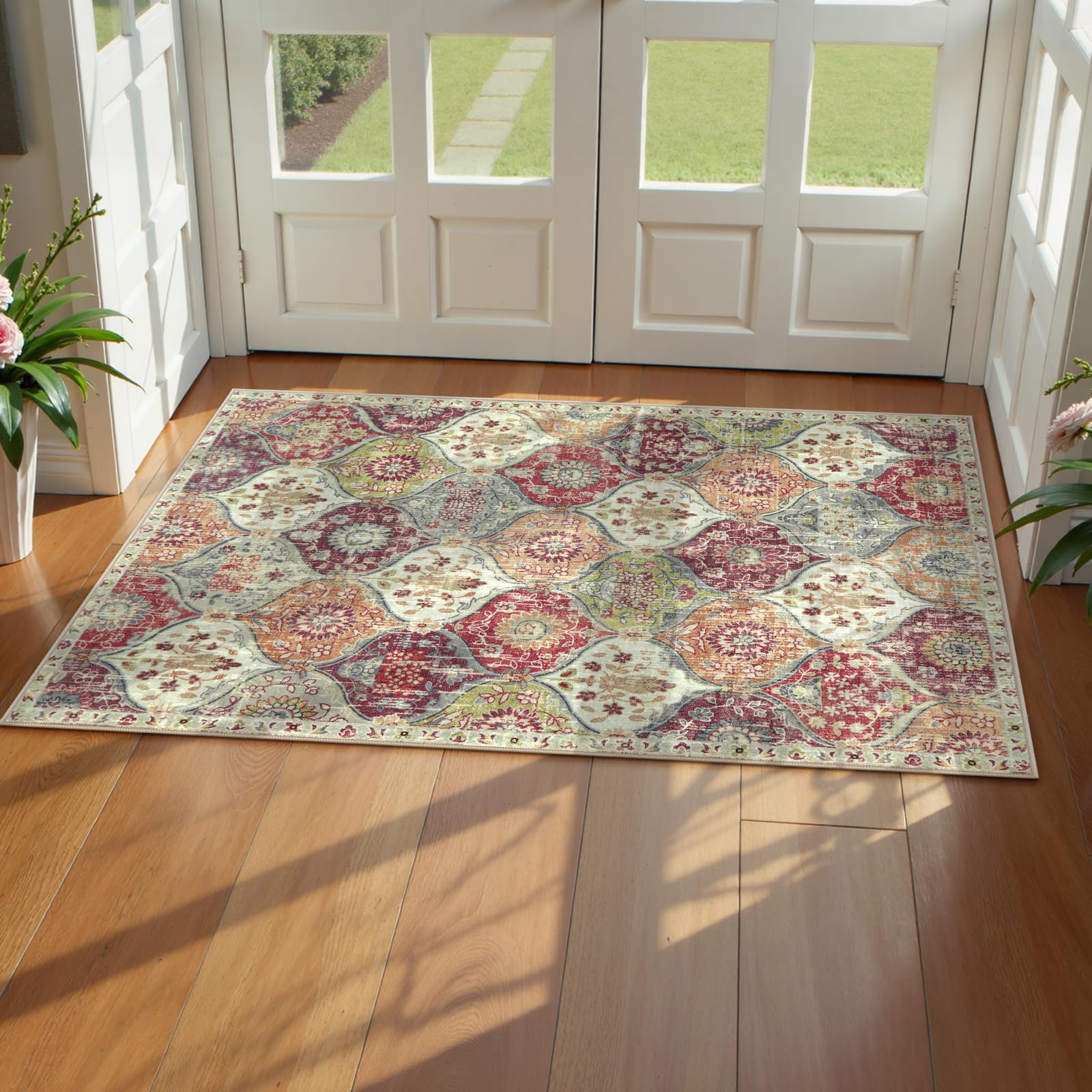 Lahome Moroccan Trellis Washable Rug, 2x3 Kitchen Rugs for Entryway Bathroom, Non-Slip Indoor Door Mat Ultra-Thin, Small Oriental Throw Carpet for Bedroom Entry Elise, Cream/Multi