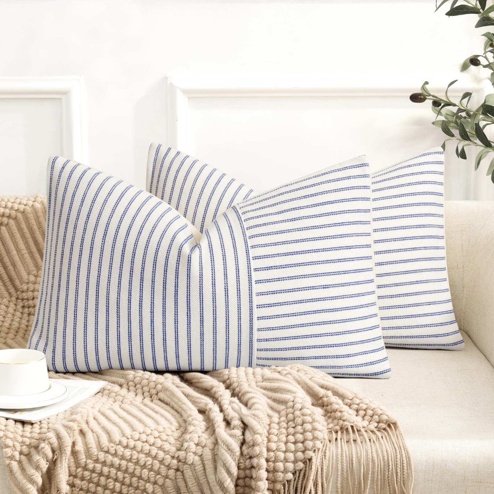 YCOLL Farmhouse Pillow Covers 18x18, Modern Accent Square Throw Pillow Covers Set of 2, Gray and Beige Striped Patchwork Linen Decorative Pillows Cushion Covers for Couch Chair Bedroom Home Decor
