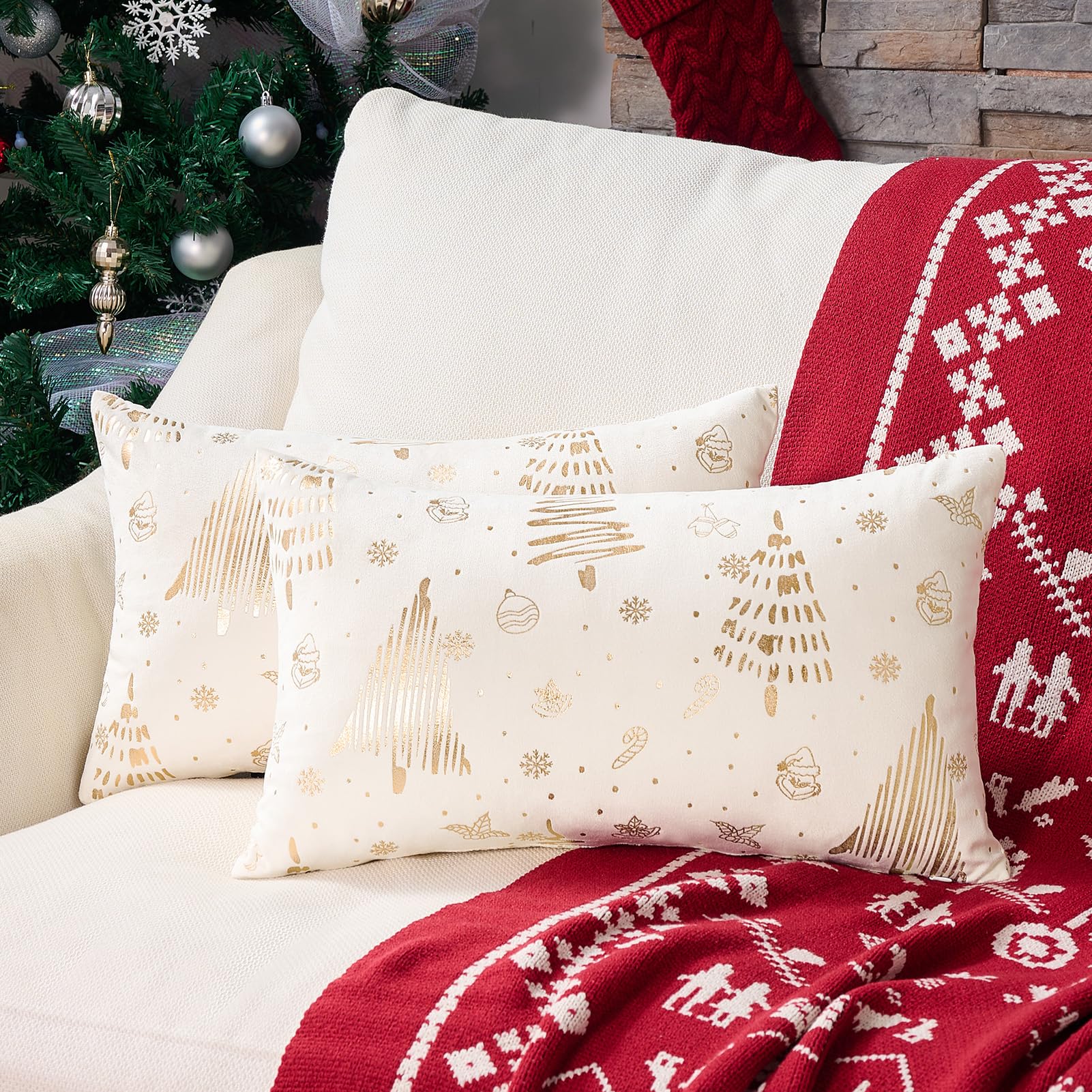 Topfinel Christmas Velvet Throw Pillow Covers Set of 2,Decorative Pillow Cover Red Xmas Gold Stamping Cushion Cases for Bedroom Livingroom Couch Christmas Indoor Home Decor 18x18 Inches