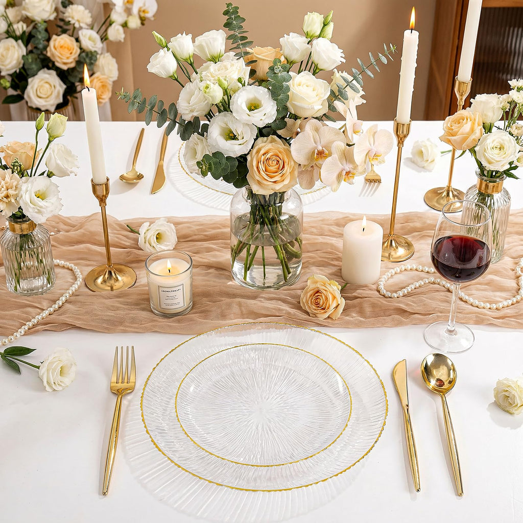 DaYammi 60Pcs Sage Green Plastic Plates with Gold Rim,Disposable Plates Set Includes 30 Dinner Plate & 30 Salad Plate,Fancy Green Party Plates with Radial Texture for Party Wedding Dinner