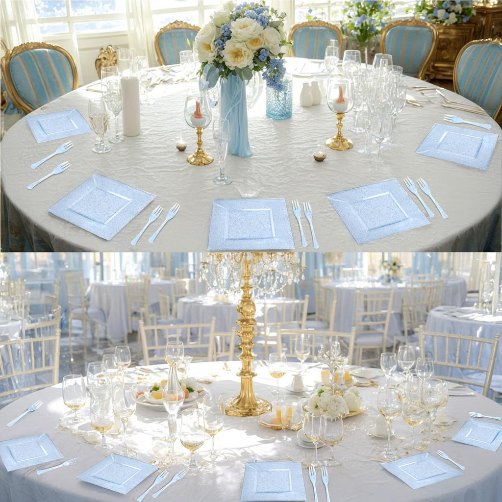 DaYammi 200Pcs Gold Dessert Plates Including 100Pcs Appetizer Plates 6",100Pcs Plastic Forks 5.7",Gold Glitter Plastic Square Plate for Party,Gold Salad Plate and Cake Forks for Party Wedding