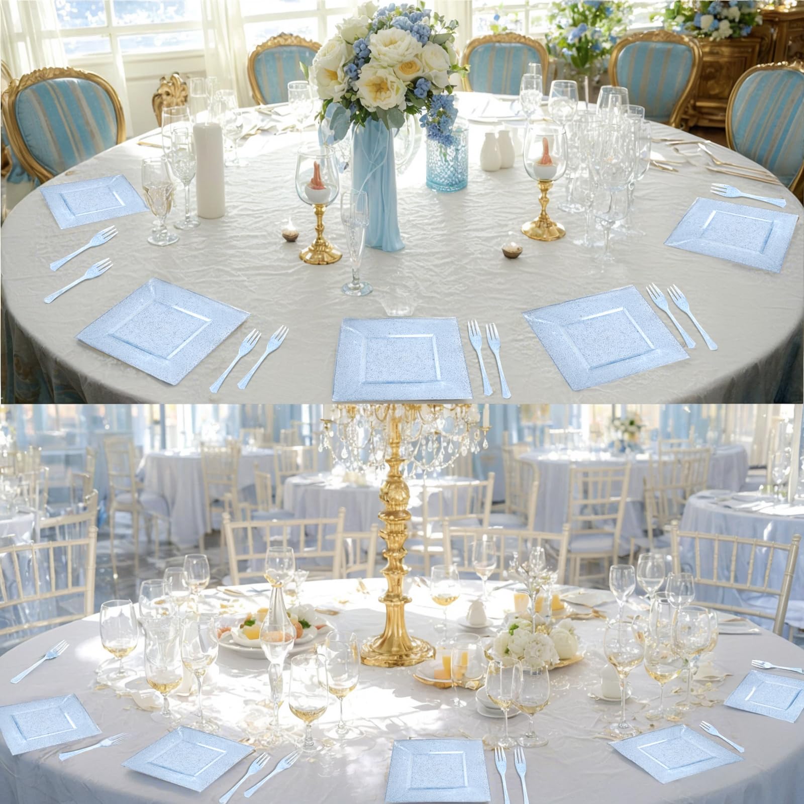 DaYammi 200Pcs Gold Dessert Plates Including 100Pcs Appetizer Plates 6",100Pcs Plastic Forks 5.7",Gold Glitter Plastic Square Plate for Party,Gold Salad Plate and Cake Forks for Party Wedding