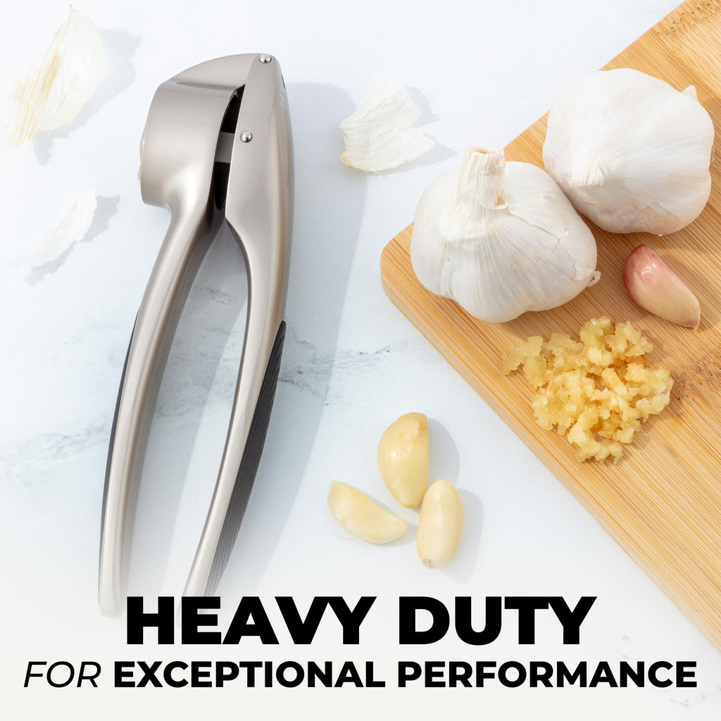 Zulay Kitchen Premium Garlic Press Set - Rust Proof Professional Garlic Mincer Tool - Easy-Squeeze, Easy-Clean with Soft, Ergonomic Handle - Silicone Garlic Peeler & Brush (Silver)