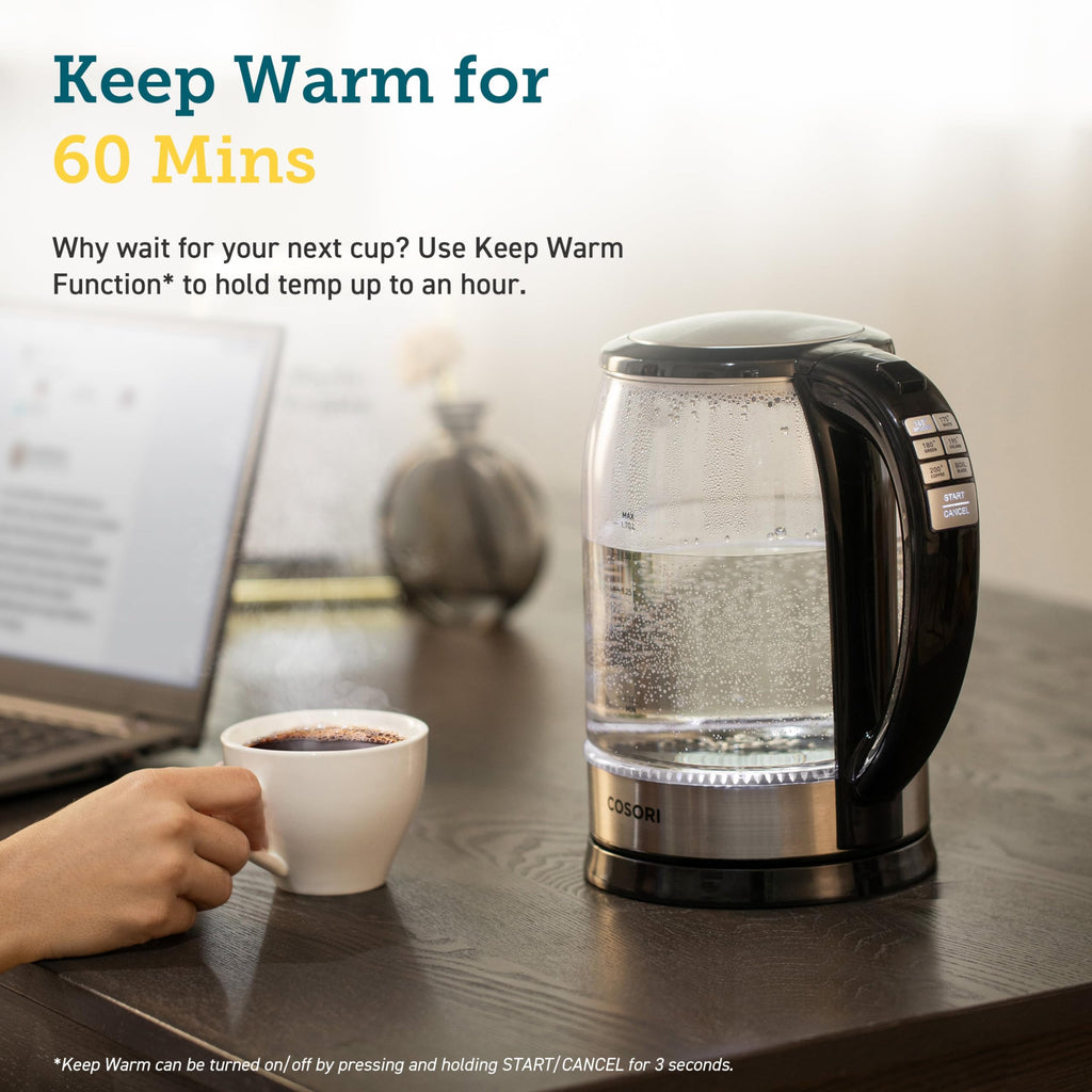 Cosori Electric Kettle, No Plastic Contact With Water, Wide Mouth For Easy Cleaning, Auto Shut Off, 1.7L Tea Kettle & Hot Water Boiler, Water Heater & Teapot, Borosilicate Glass, Black, 1500W