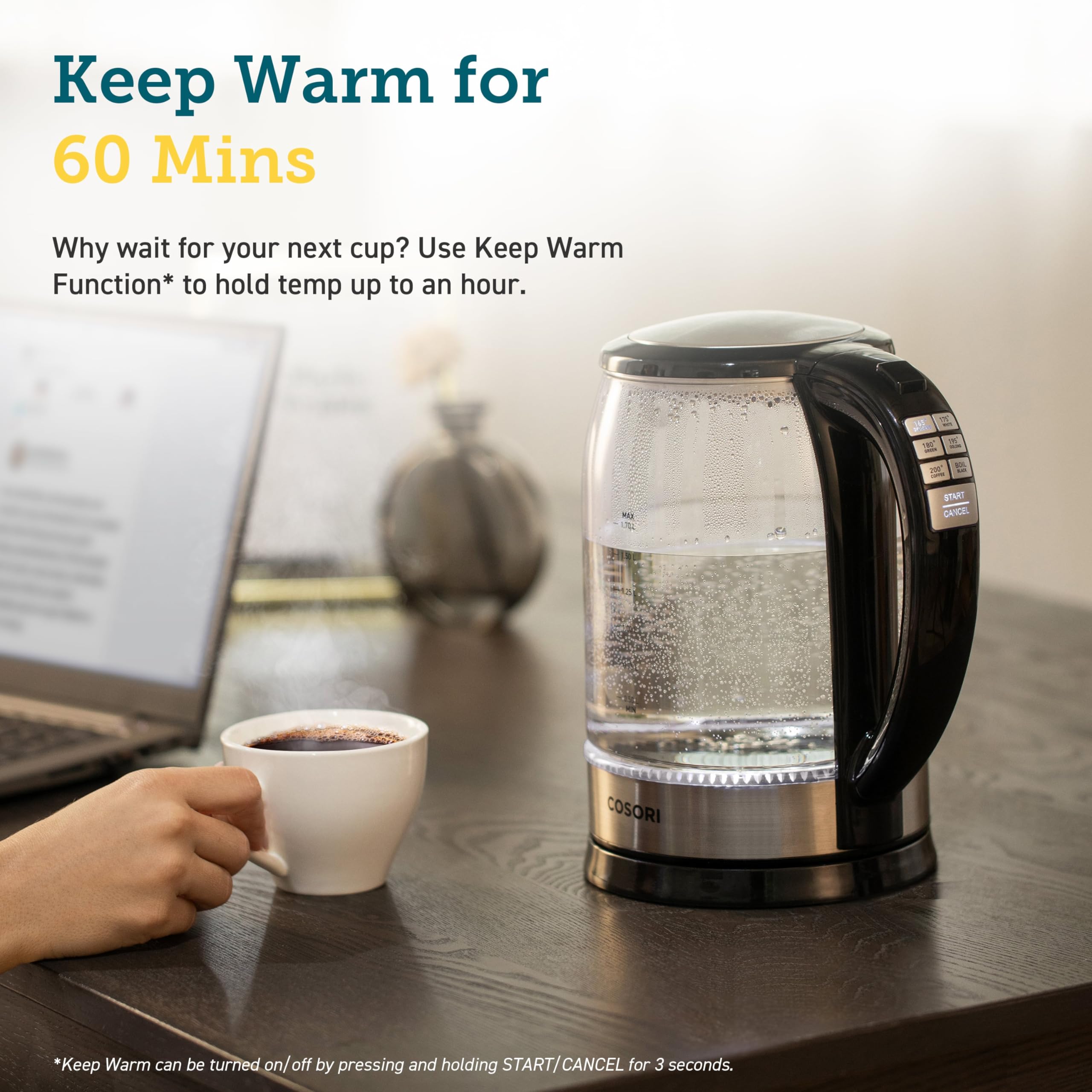 Cosori Electric Kettle, No Plastic Contact With Water, Wide Mouth For Easy Cleaning, Auto Shut Off, 1.7L Tea Kettle & Hot Water Boiler, Water Heater & Teapot, Borosilicate Glass, Black, 1500W