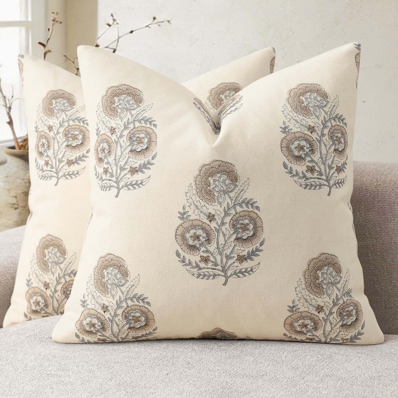 YCOLL Vintage Floral Print Pillow Covers 18x18 Set of 2 Patterned Accent Decorative Cushion Covers Modern Farmhouse Throw Pillow Covers for Sofa Couch Chair Bed Living Room Home Decor, Light Blue