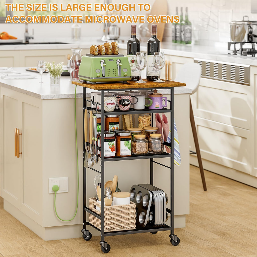 ThreeHio Rolling Kitchen Microwave Cart, 3 Tier Microwave Table Stand with Adjustable Shelf, Kitchen Storage Rack on Wheels, Coffee Station Cart Rack Shelf Organizer for Living Room Office, Balcony