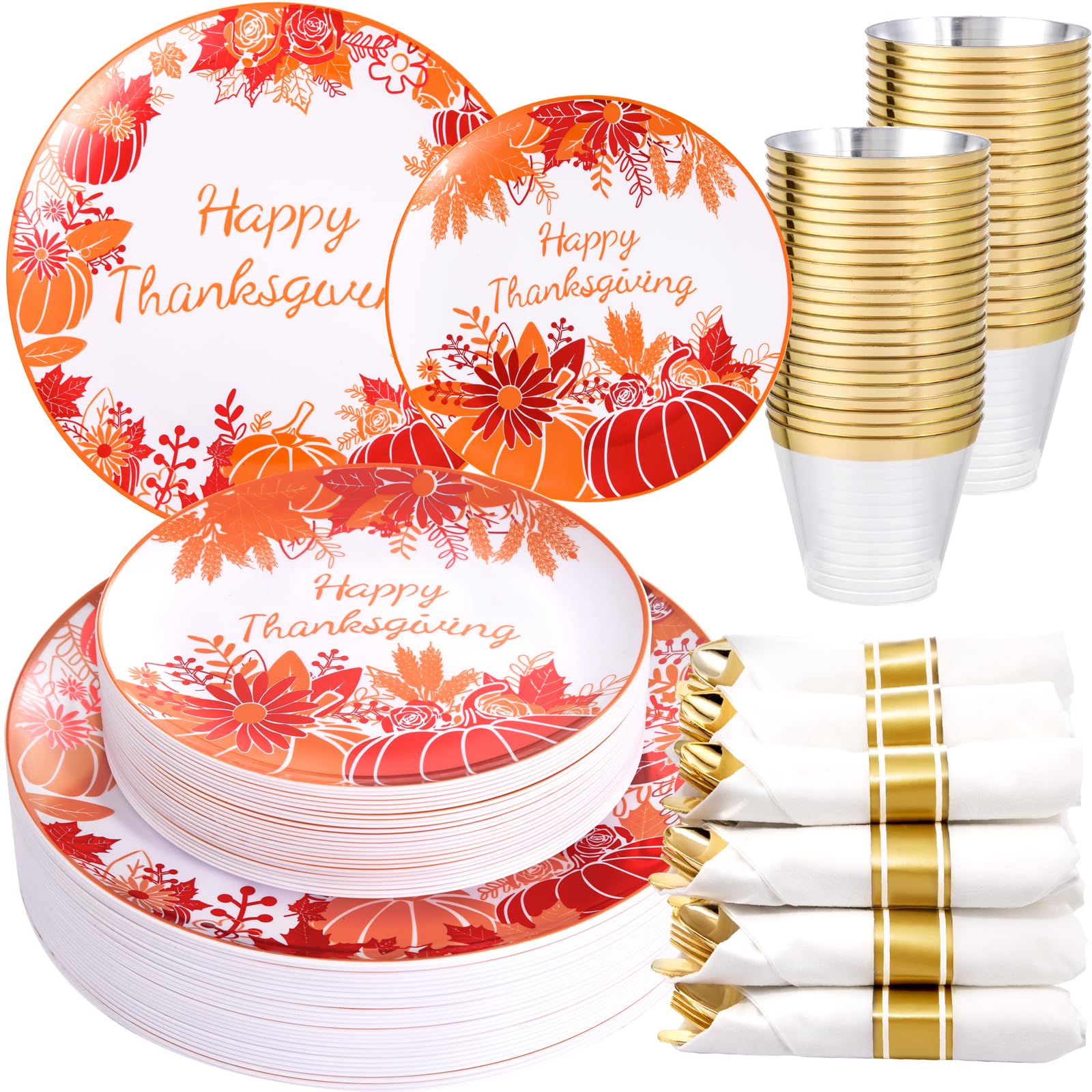 DaYammi 210Pcs White Gold Plastic Plates for Party,Gold Disposable Dinnerware Set Includes 60 gold Floral Plates,30 Plastic Silverware,30 Per Rolled Napkins,30 Cups for Mother's Day Party Wedding
