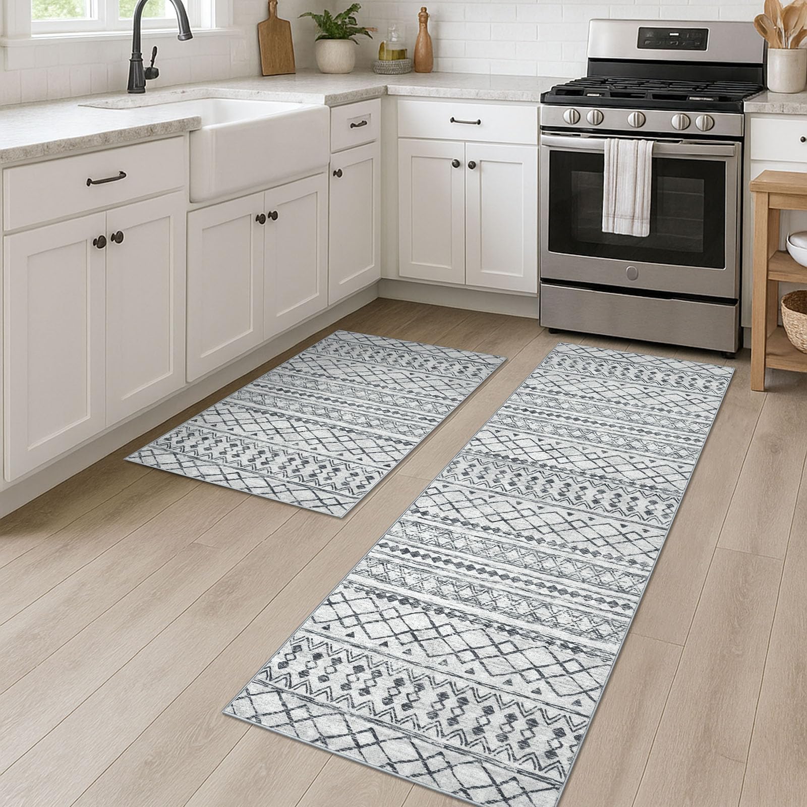 KUTA Washable Non-Slip Rugs for Entryway 2x3, Grey Moroccan Boho Small Area Rug, Ultra Soft Vintage Geometric Low-Pile Indoor Door Mat Floor Carpet for Indoor, Entrance, Kitchen, Bathroom, Bedroom