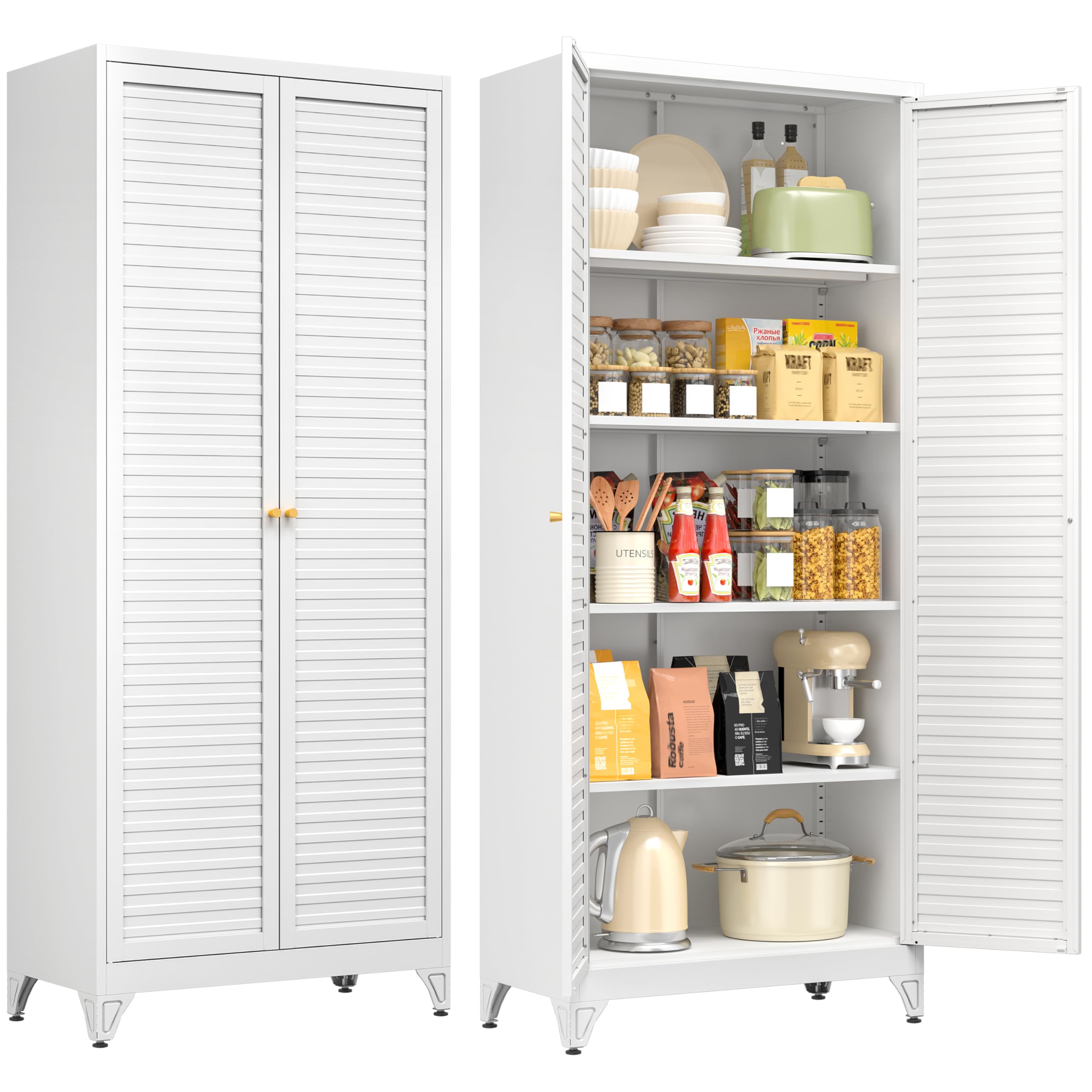 75" Tall Metal Kitchen Storage Cabinet,White Kitchen Pantry Storage Cabinet with Doors and 4 Adjustable Shelves,Utility Cabinet for Living Room,Garage,Dining Room and Office,Assemble Required