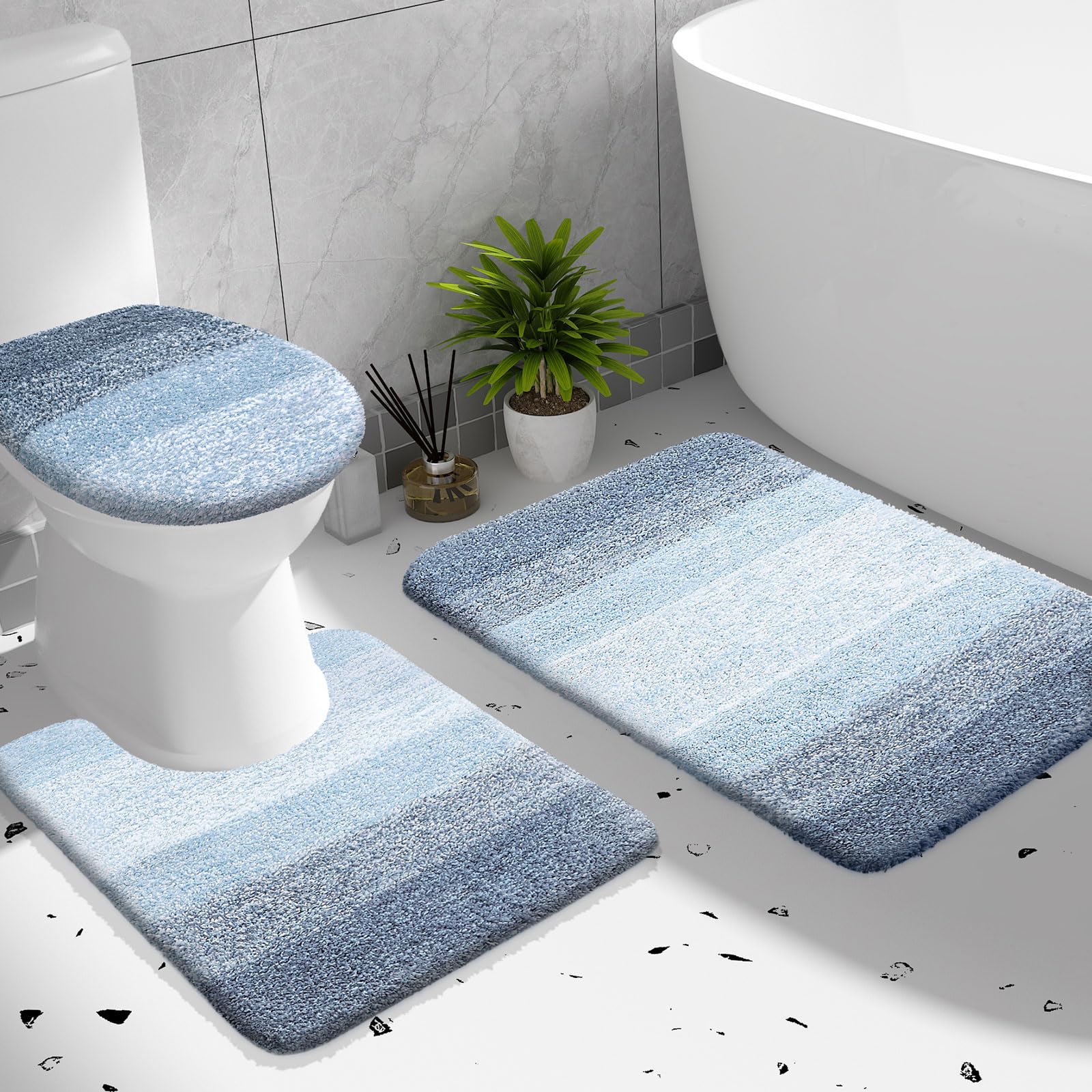OLANLY Bathroom Rugs Sets 3 piece, Soft Microfiber Absorbent Bath Mat, U-Shaped Contour Toilet Mat and Toilet Lid Cover, Quick Dry, Machine Washable, Toilet Cover and Rug Set for Bathroom, Grey