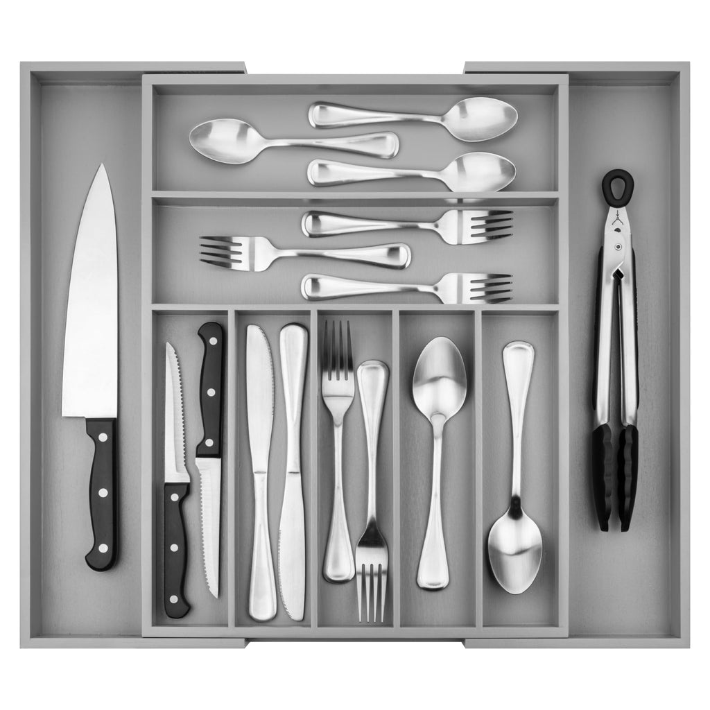 Purawood Bamboo Drawer Organizer - Expandable Silverware Organizer & Utensil Drawer Organizer, Cutlery Tray with Dividers, 7-9 Slots- Kitchen Organizer for Utensils & Flatware (Natural)