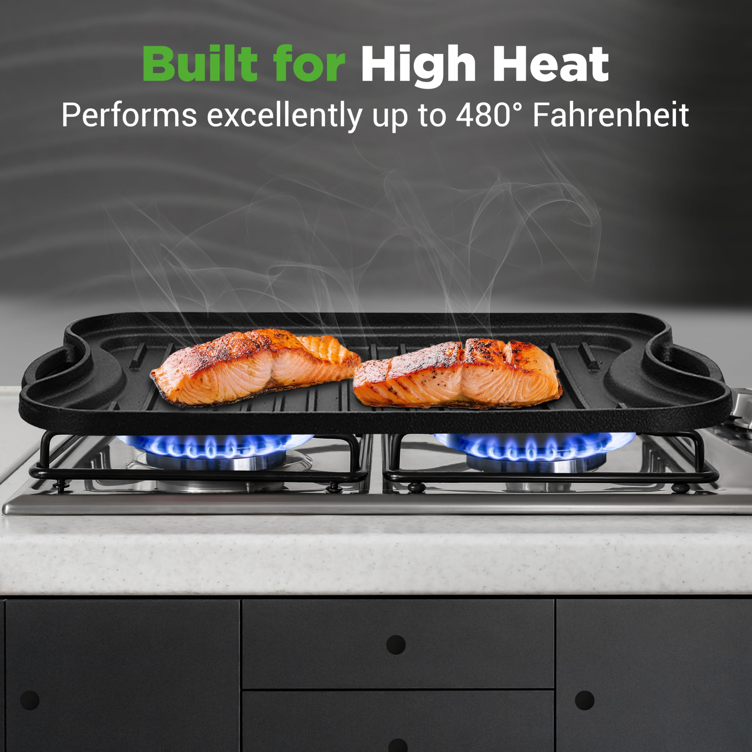 NutriChef Cast Iron Reversible Griddle 18x10 Inch – Pre-Seasoned Flat Top & Ridged Grill Side, Stove Top Griddle for Gas Grill, Outdoor & Indoor Cooking