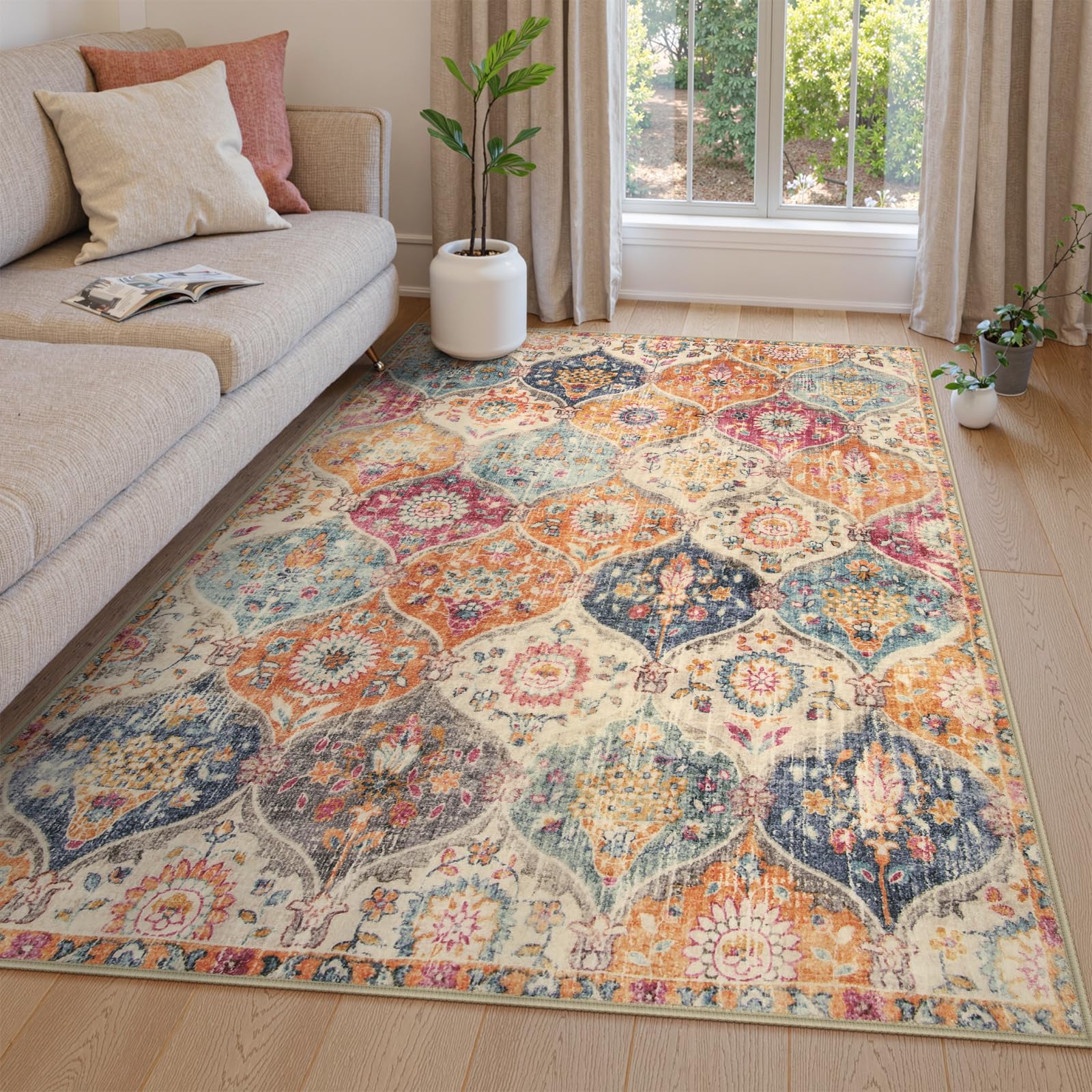 Lahome Moroccan Trellis Washable Rug, 2x3 Kitchen Rugs for Entryway Bathroom, Non-Slip Indoor Door Mat Ultra-Thin, Small Oriental Throw Carpet for Bedroom Entry Elise, Cream/Multi