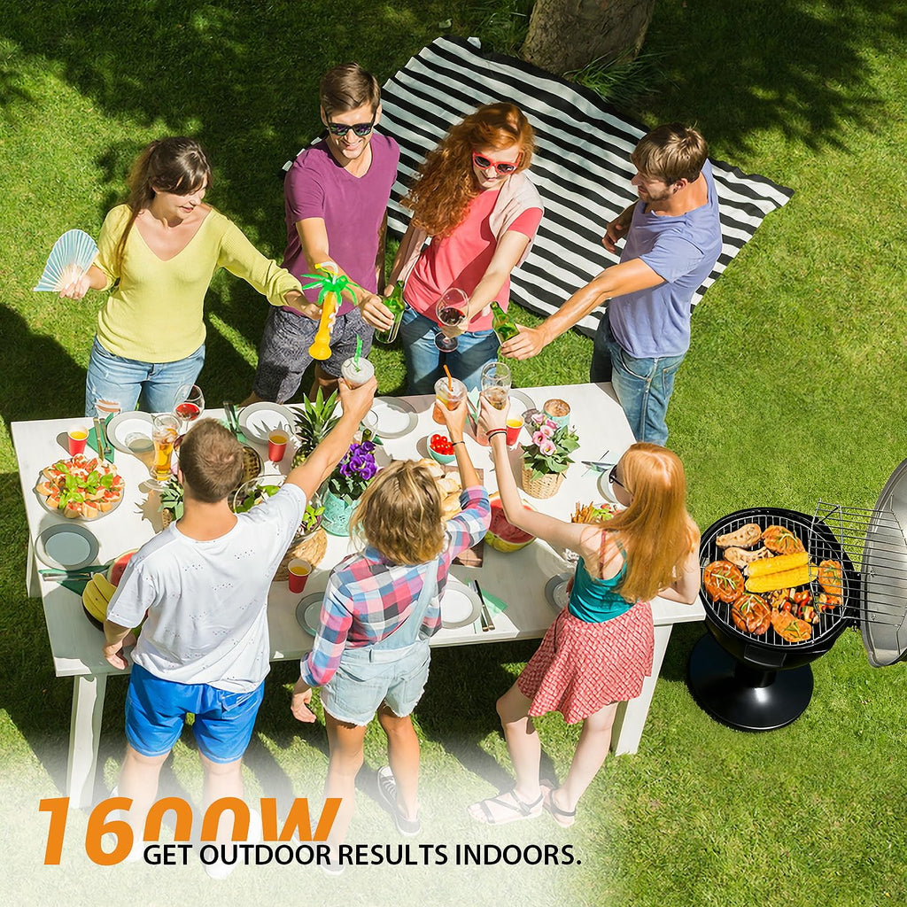 Electric Grill, Techwood Indoor/Outdoor Electric BBQ Grill, 1600W Portable Removable Stand Grill with Adjustable Heat & Drip Tray, Double Layer Design for Party, Patio & Backyard (Black)