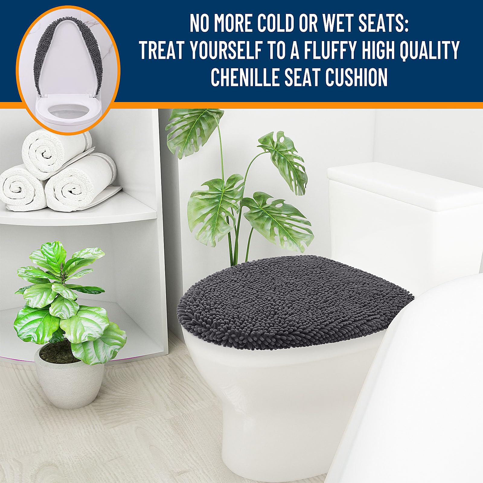 OLANLY Soft Chenille Bathroom Toilet Lid Cover, Machine Washable Seat Covers, 17.5x15, Stays in Place Rubber Backing, Fits Most Round, Elongated and Oblong Lids, Accessories Decor, Gray