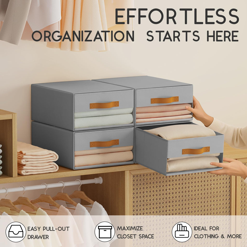 Homsorout Large Closet Storage Bins - 6 Pack Pull-Out Stackable Fabric Boxes with Clear Window, Foldable Closet Visible Storage Container for Bedroom, Living Room, Home Shelves, Grey