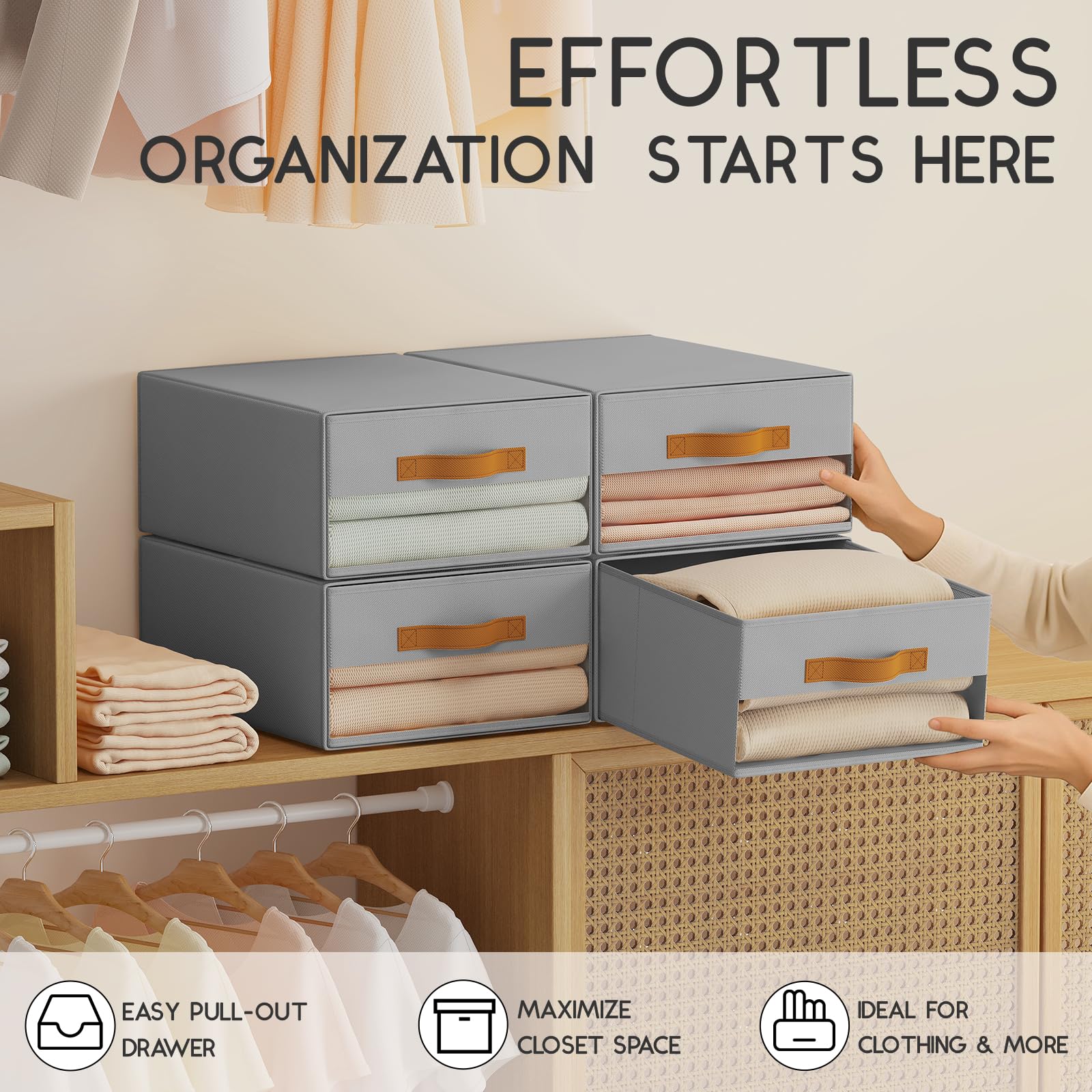 Homsorout Large Closet Storage Bins - 6 Pack Pull-Out Stackable Fabric Boxes with Clear Window, Foldable Closet Visible Storage Container for Bedroom, Living Room, Home Shelves, Grey