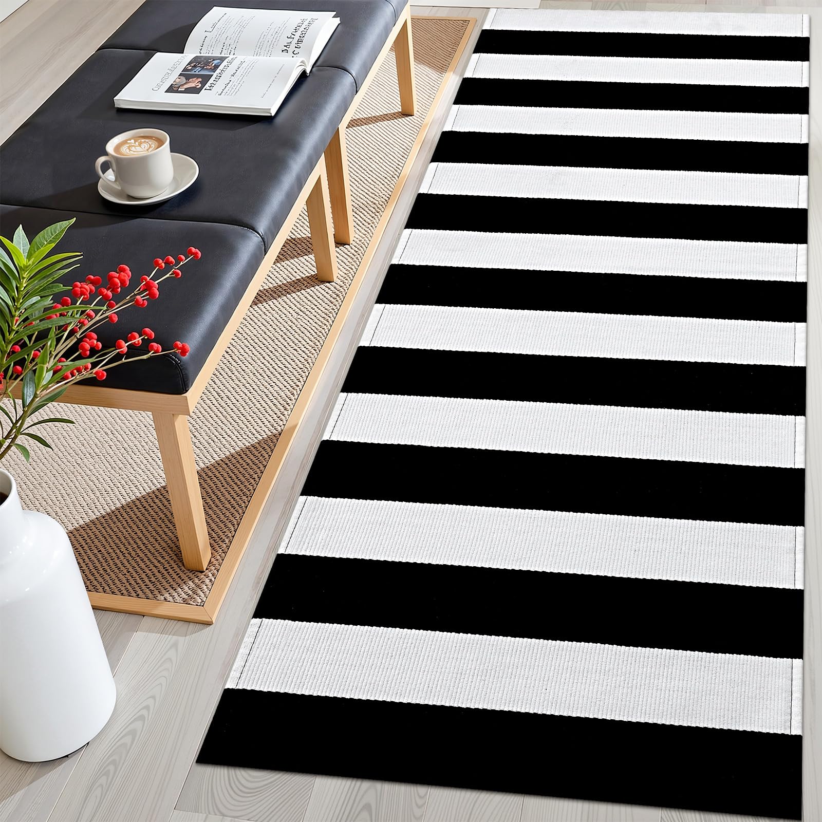 OLANLY Black and White Striped Rug 2'4" x 3'7" (27.5" x 43") – Washable Cotton Indoor Outdoor Doormat for Front Door, Entryway, Kitchen, Porch, Patio Decor