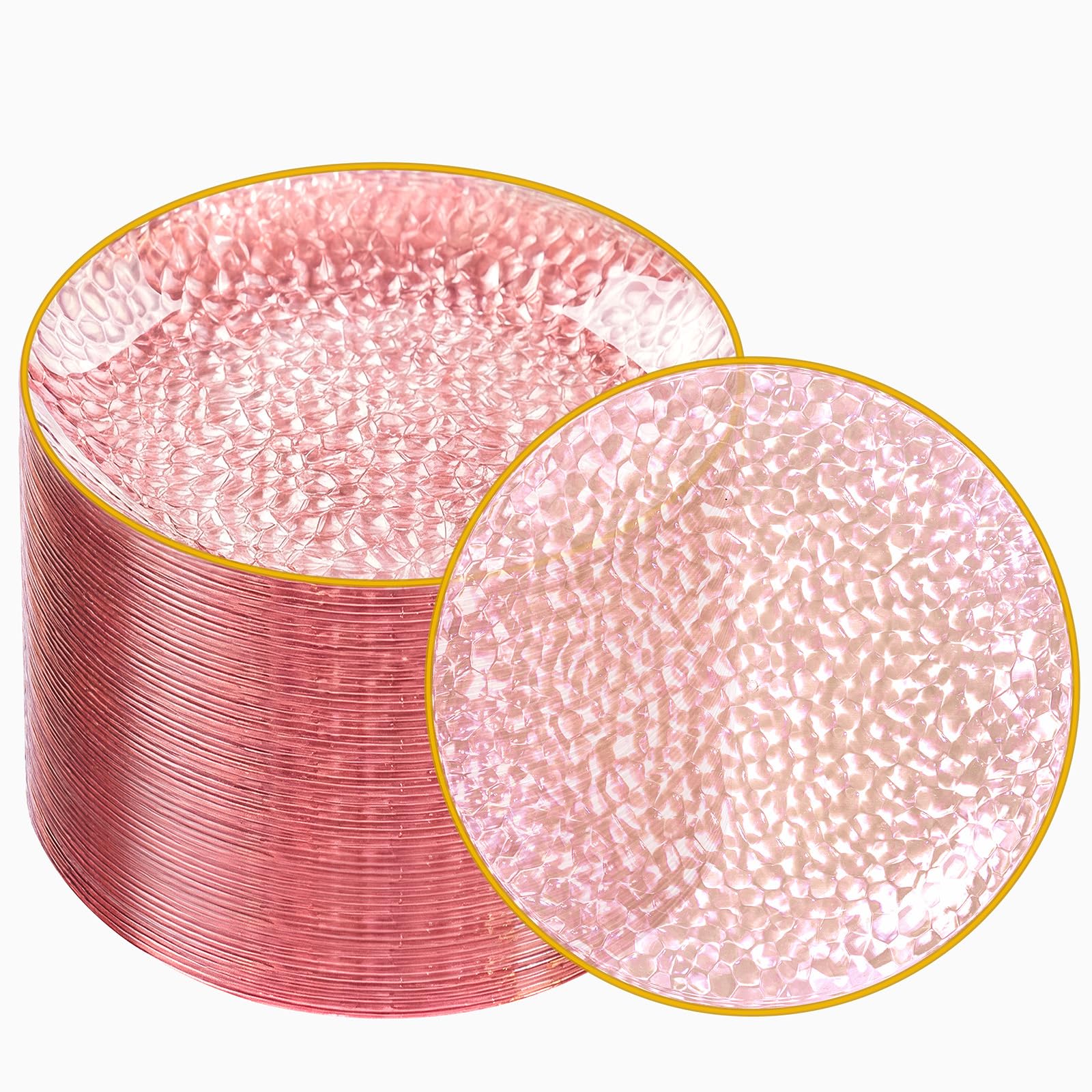 DaYammi 100 Pcs Clear Gold Plastic Plates, Hammered Party Plate, Fancy Plastic Plates Disposable Clear Disposable Dessert Platos, 7 Inch Heavy duty Plastic Dessert Platos for Party & Wedding