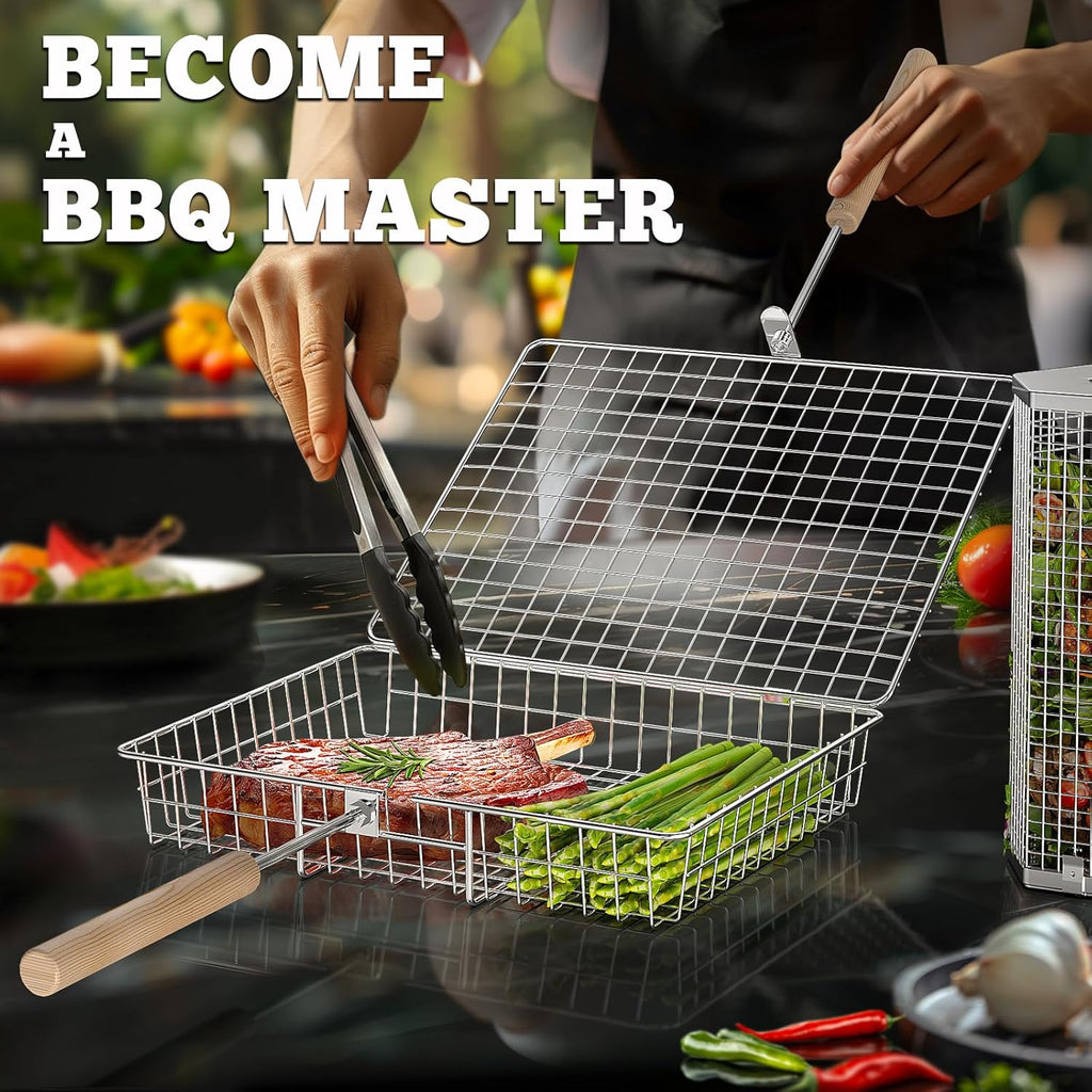 ivtivfu Grill Basket Set, Removable Wooden Handle, 304 Stainless Steel, Rolling BBQ Tools, Smoker Grilling Accessories for Vegetable Fish, Outdoor Cooking Camping, Birthday Gifts for Men Dad Husband