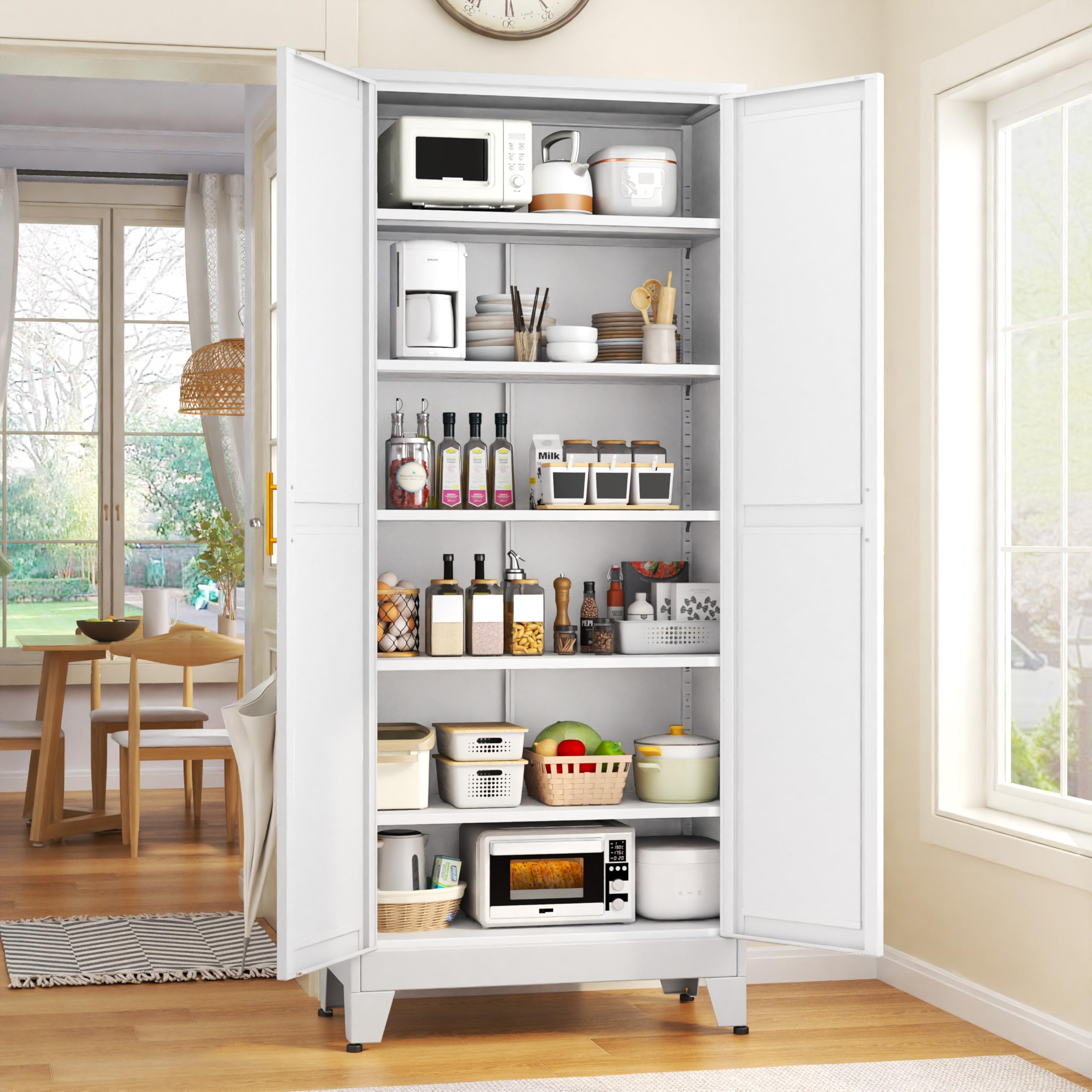 GAIOUS Metal Pantry Cabinet, Kitchen Pantry Storage Cabinets with 2 Door and 3 Adjustable Shelves, White Kitchen Pantry Cabinet, Freestanding Cupboard for Dining Room Living Room Bathroom