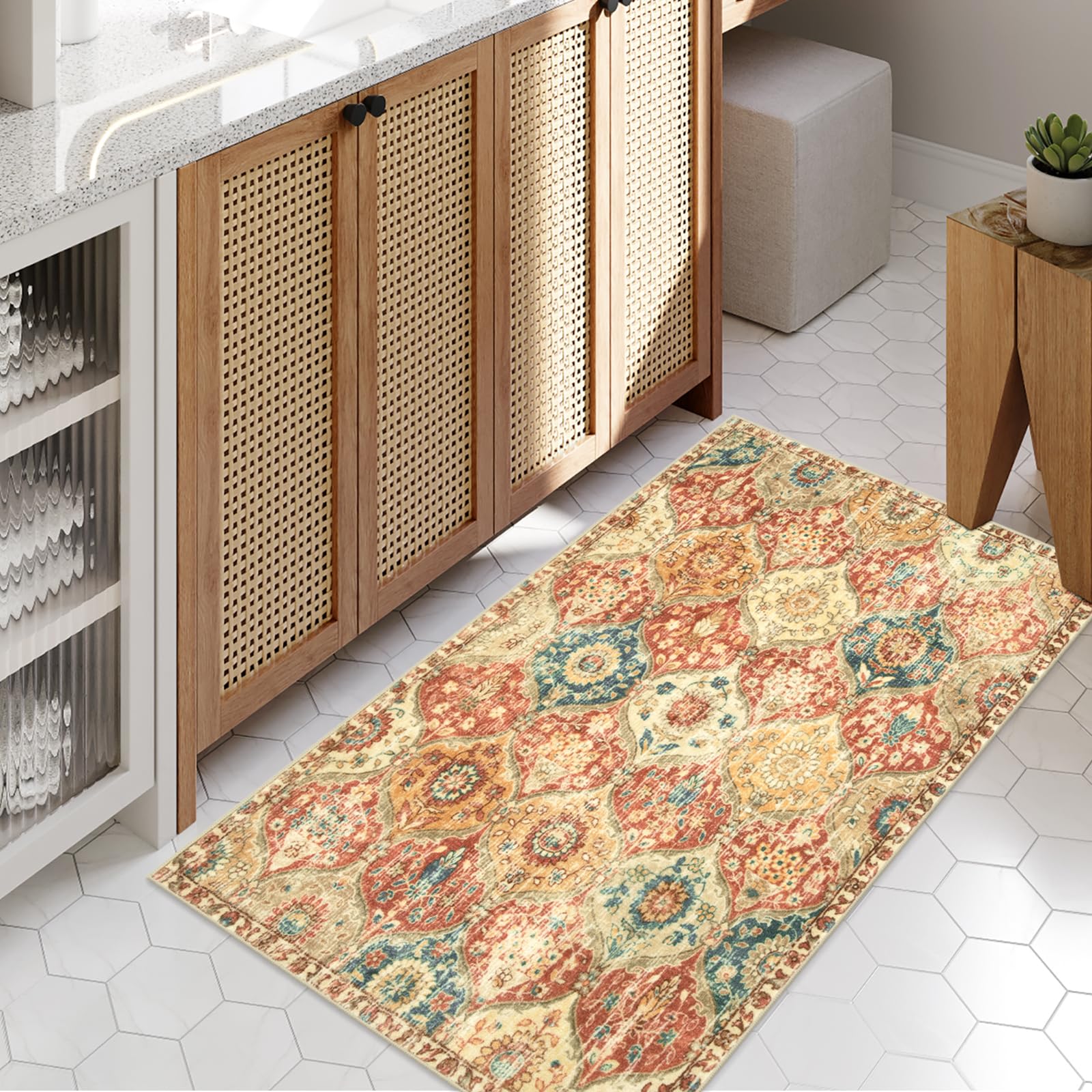 Lahome Moroccan Trellis Washable Rug, 2x3 Kitchen Rugs for Entryway Bathroom, Non-Slip Indoor Door Mat Ultra-Thin, Small Oriental Throw Carpet for Bedroom Entry Elise, Cream/Multi