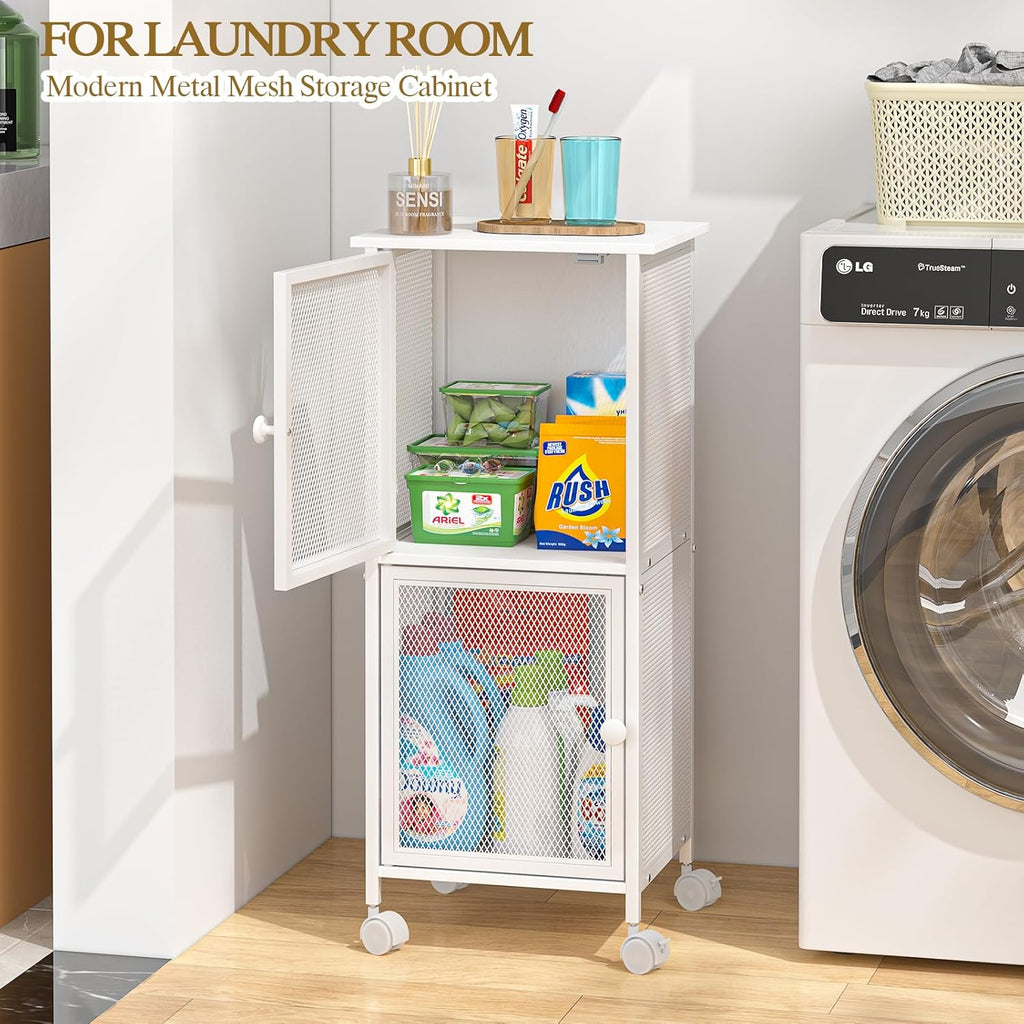 Small Bathroom Storage Cabinet with Movable Wheels, Wooden Bathroom Standing Shelf with 2 Metal Doors, Slim Bathroom Storage Cart for Small Spaces, Laundry, Kitchen, Narrow stand Storage Unit, White
