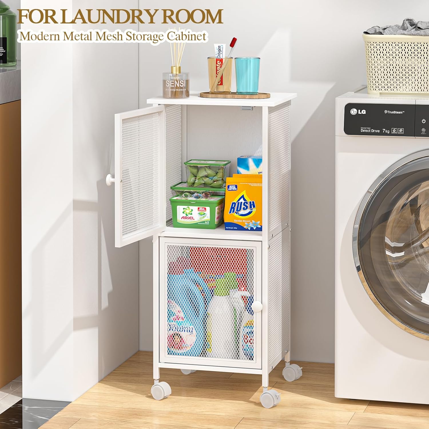 Small Bathroom Storage Cabinet with Movable Wheels, Wooden Bathroom Standing Shelf with 2 Metal Doors, Slim Bathroom Storage Cart for Small Spaces, Laundry, Kitchen, Narrow stand Storage Unit, White