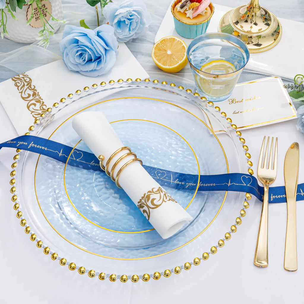 DaYammi 350PCS Clear Gold Plastic Dinnerware Set for 50 Guests, Hammered Disposable Plates for Party, Include: 50 Dinner Plates, 50 Dessert Plates, 150 Gold Silverware, 50 Napkins, 50 Cups