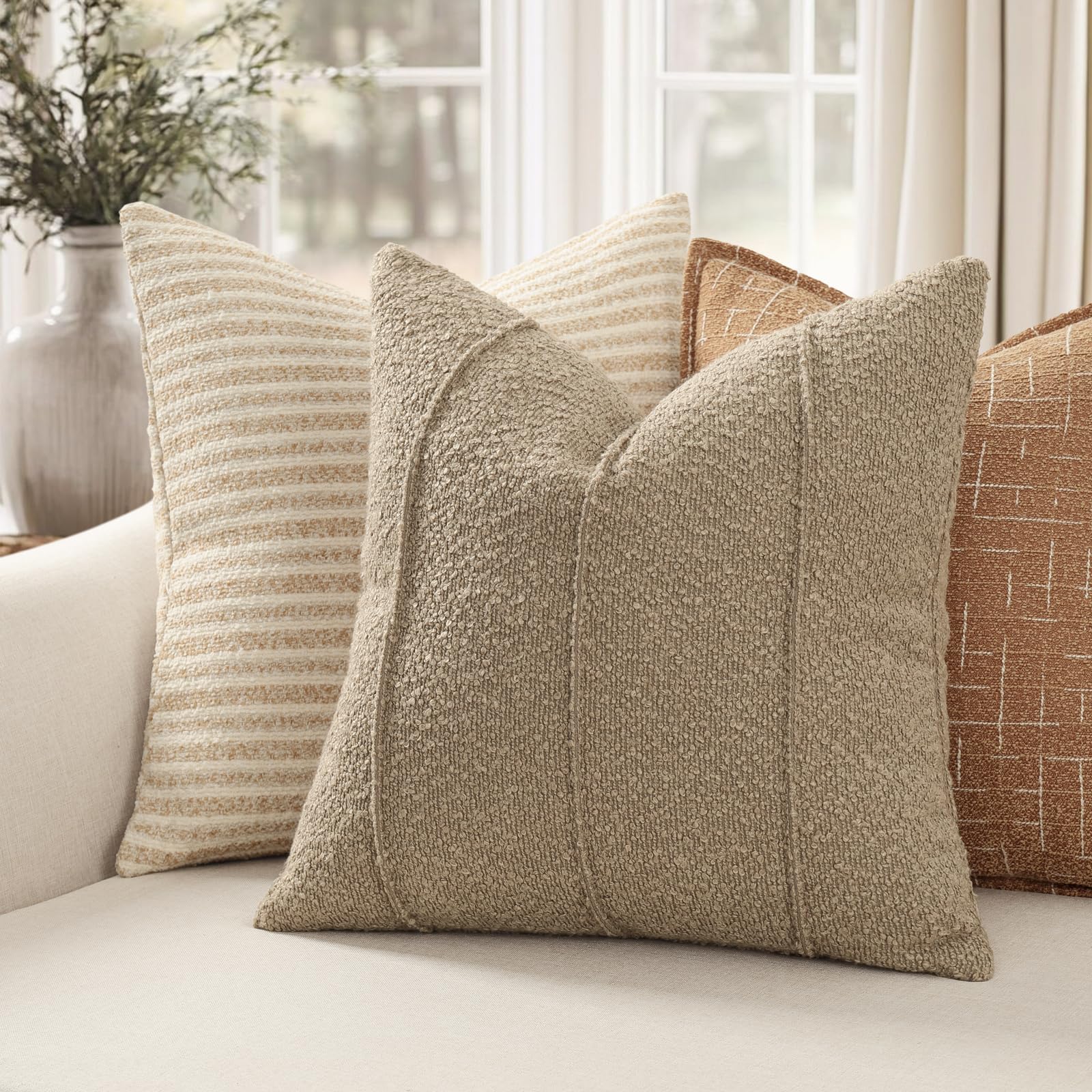 YCOLL Textured Boucle Throw Pillow Covers 20x20 Pack of 2 - Soft Neutral Striped Cushion Covers, Cozy Accent Decorative Pillow Covers for Couch, Sofa, Bed, Living Room (Beige)