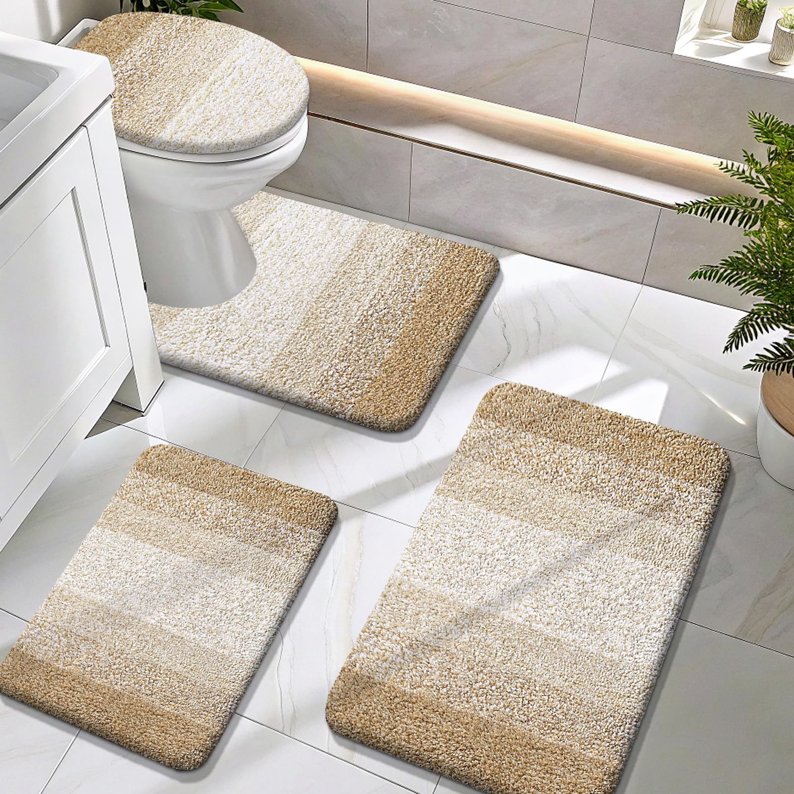 OLANLY Bathroom Rugs Sets 4 piece, Soft Microfiber Absorbent Bath Mat, U-Shaped Contour Toilet Mat and Toilet Lid Cover, Quick Dry, Machine Washable, Toilet Cover and Rug Set for Bathroom, Grey