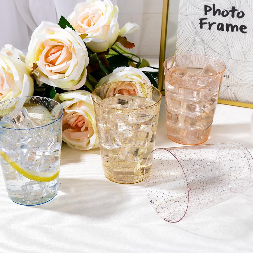 DaYammi 200 Pack Gold Plastic Cups 10 Oz Clear Cup Gold Rimmed Disposable Wine Glasses Fancy Disposable Party Cups Tumblers Drinking Cup Plastic Cocktail Glasses gold disposable cups for Party Wedding