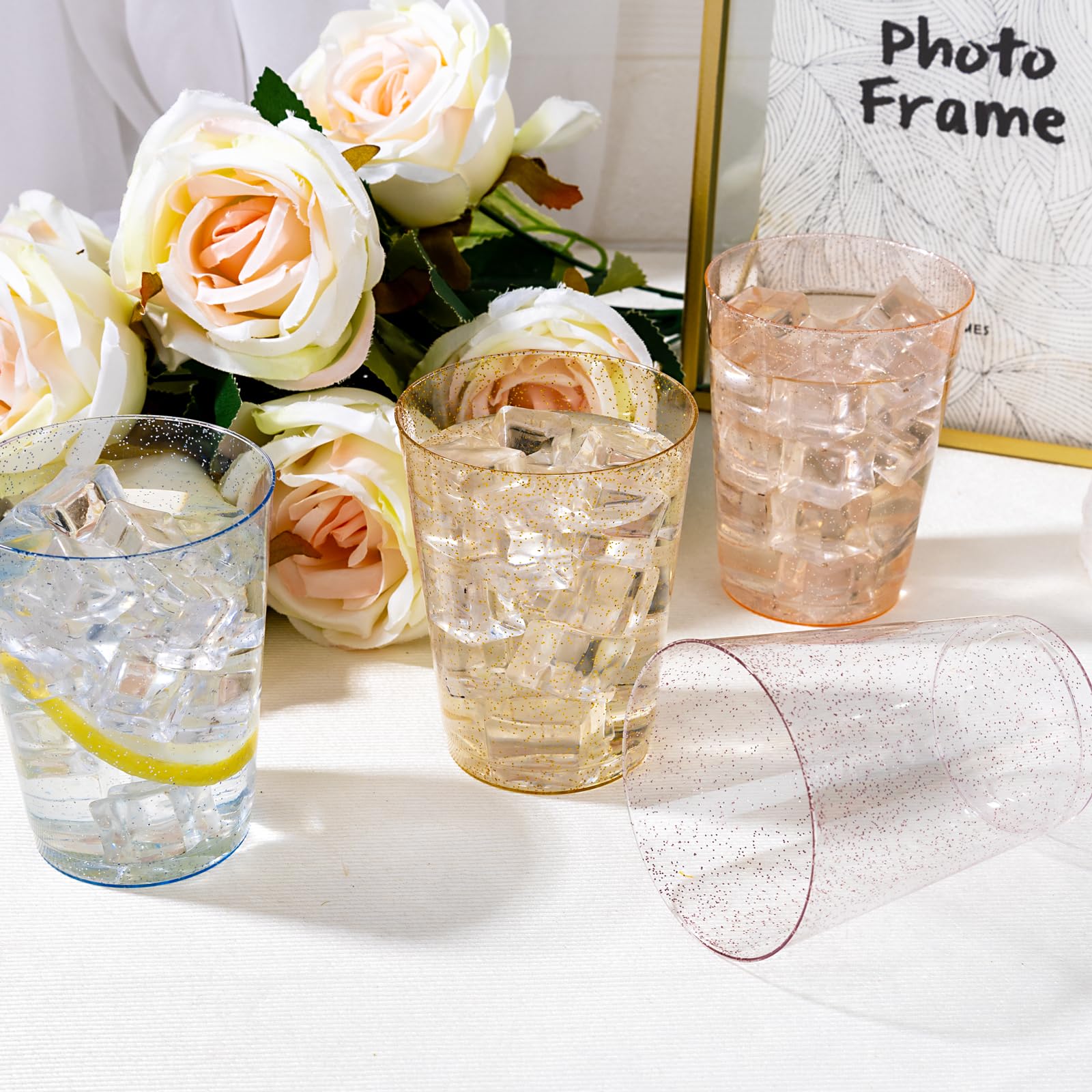 DaYammi 200 Pack Gold Plastic Cups 10 Oz Clear Cup Gold Rimmed Disposable Wine Glasses Fancy Disposable Party Cups Tumblers Drinking Cup Plastic Cocktail Glasses gold disposable cups for Party Wedding