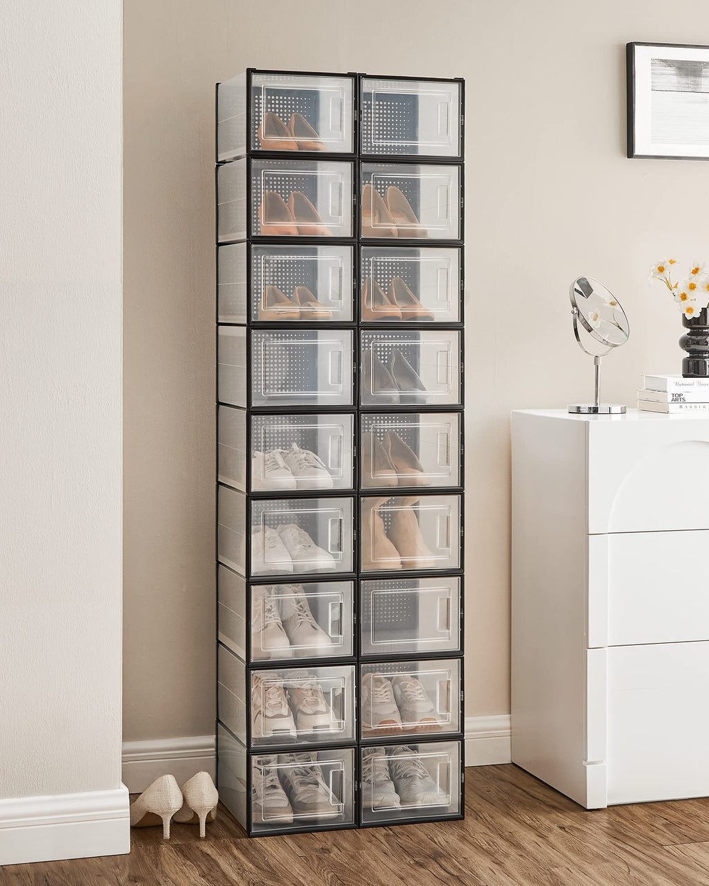 SONGMICS Shoe Boxes, Pack of 12 Shoe Storage Organizers, Stackable Clear Plastic Boxes for Closet, Sneakers, 13.1 x 9.1 x 5.6 Inches, Transparent and White ULSP12SWT