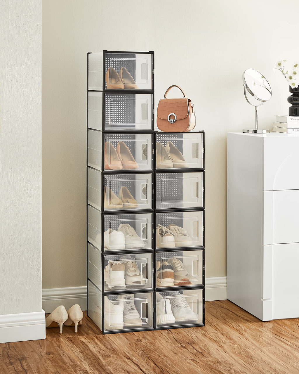 SONGMICS Shoe Boxes, Pack of 12 Shoe Storage Organizers, Stackable Clear Plastic Boxes for Closet, Sneakers, 13.1 x 9.1 x 5.6 Inches, Transparent and White ULSP12SWT