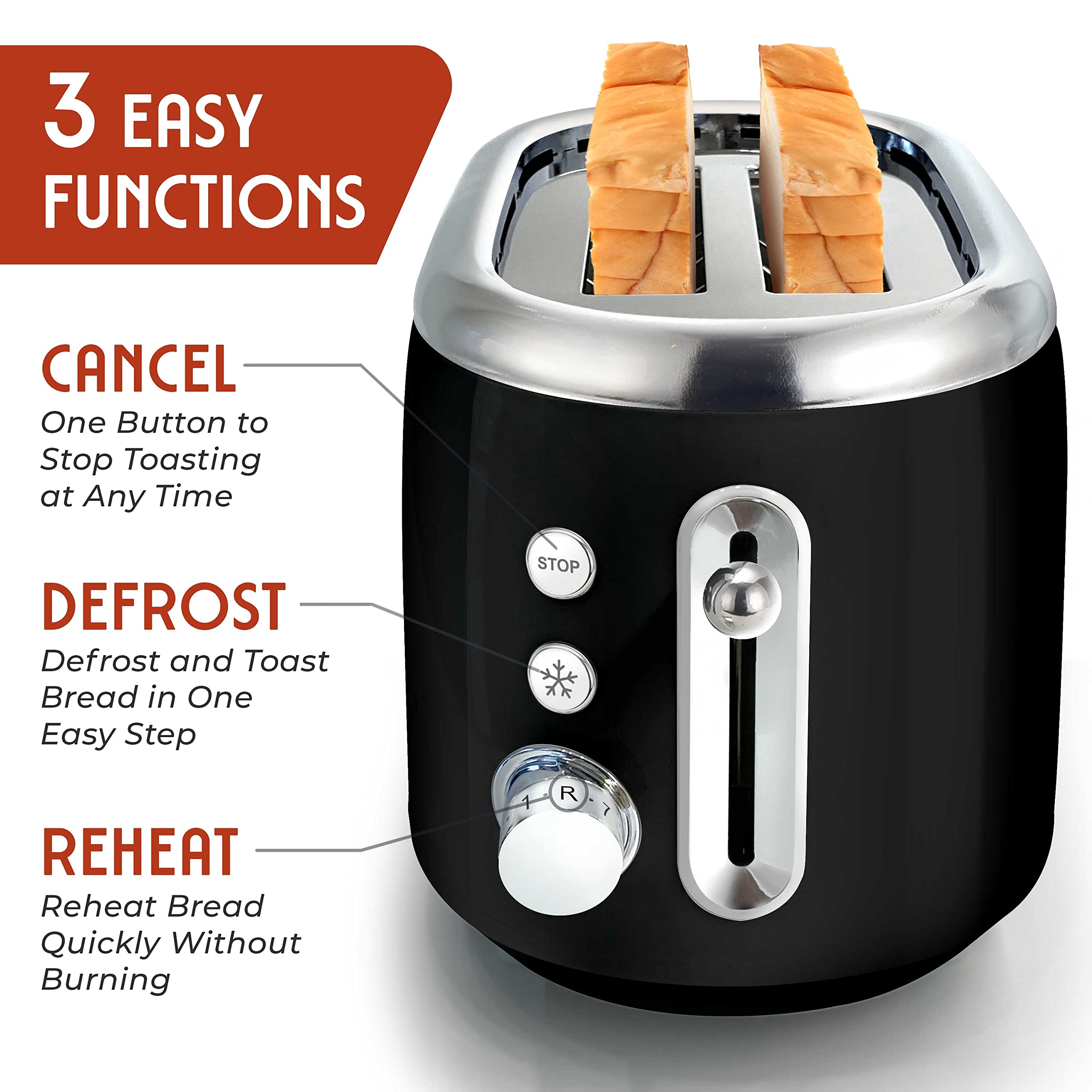 MUELLER HOME Retro Toaster 2 Slice, 7 Browning Levels, 3 Functions (Reheat, Defrost, Cancel), Stainless Steel Features, Removable Crumb Tray, Under Base Cord Storage, Turquoise