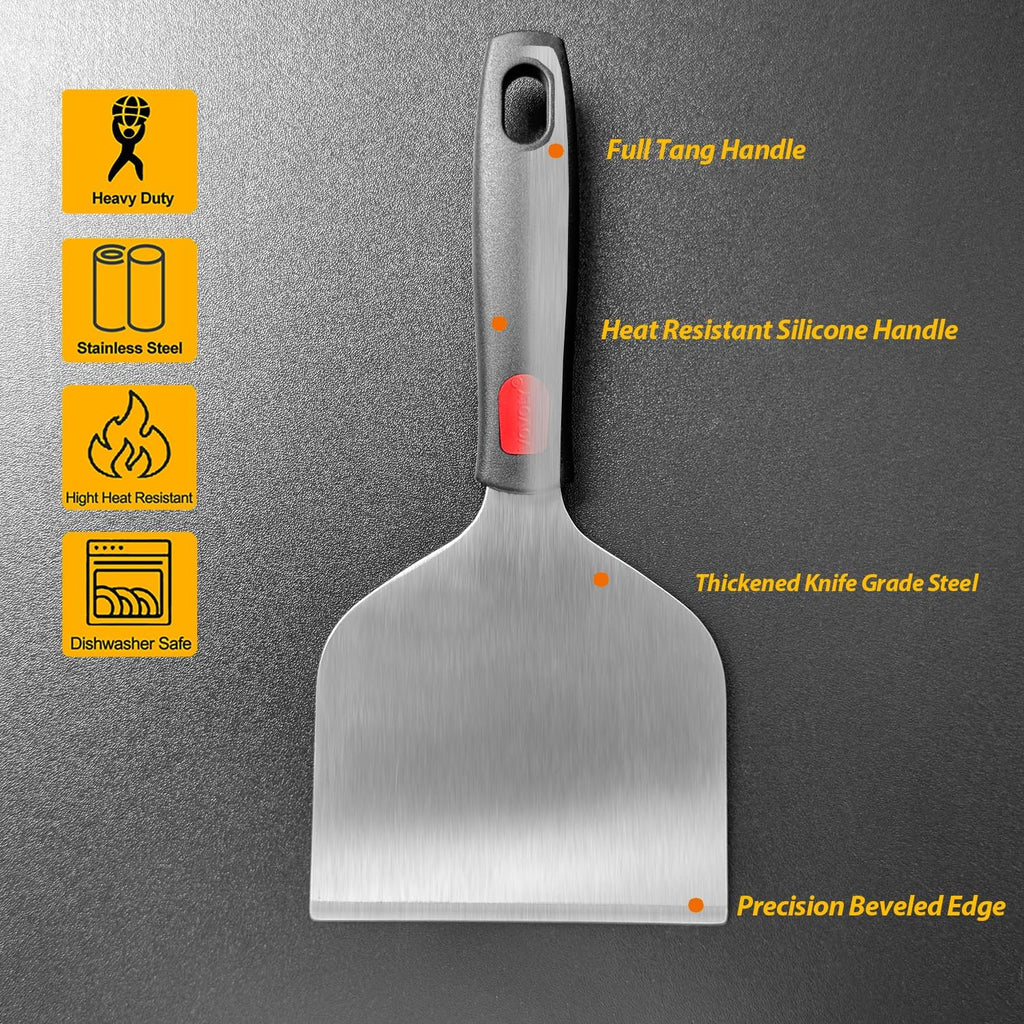 Wide Griddle Scraper, 4.3“x4.3'' Smashed Burger Scraper Grill Scraper Spatula Burger Turner - Full Tang Silicon Handle Professional Grade Grill Accessories, Knife Grade Stainless Steel