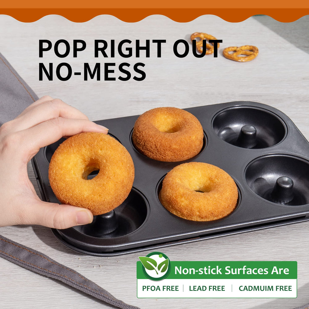 HONGBAKE Donut Pan For Baking, Upgraded Deepened Doughnut Tray, 2 Pack 6 Cavity Mini Bagel Mold for Oven, Nonstick and Heavy Duty - Black