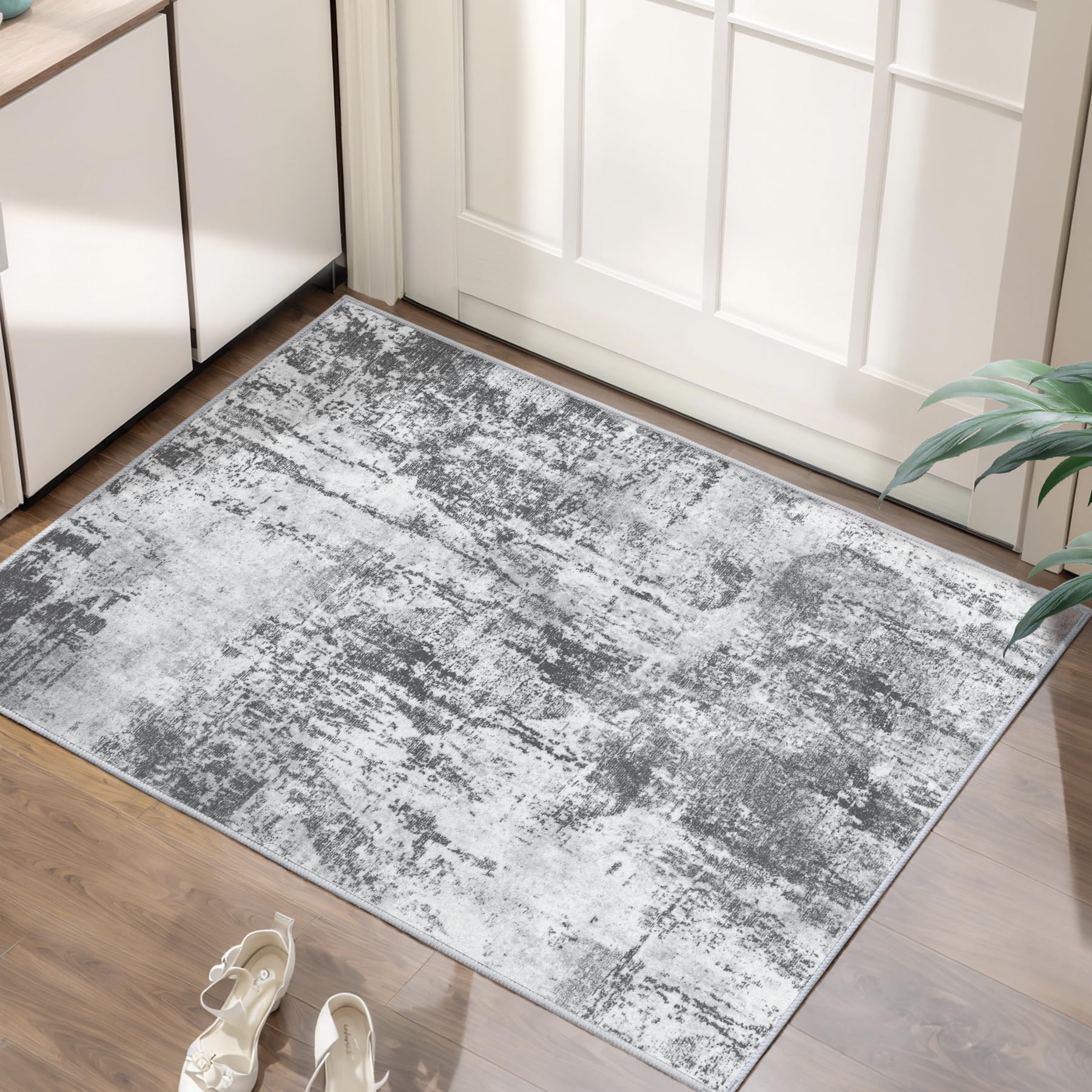 Ciicool Modern Abstract Area Rug 2x3 Washable Small Entryway Rug, Non-Slip Low Pile Throw Rug, Foldable Kitchen Bathroom Rugs, Blue Grey Floor Carpet for Entrance Living Room Bedroom Indoor Doormat