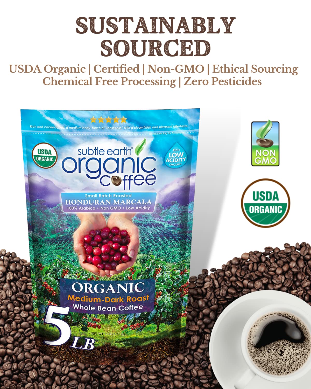 2LB Subtle Earth Organic Coffee - Dark Roast - Whole Bean Coffee - 100% Arabica Beans - Low Acidity and Non-GMO - 2lb bag
