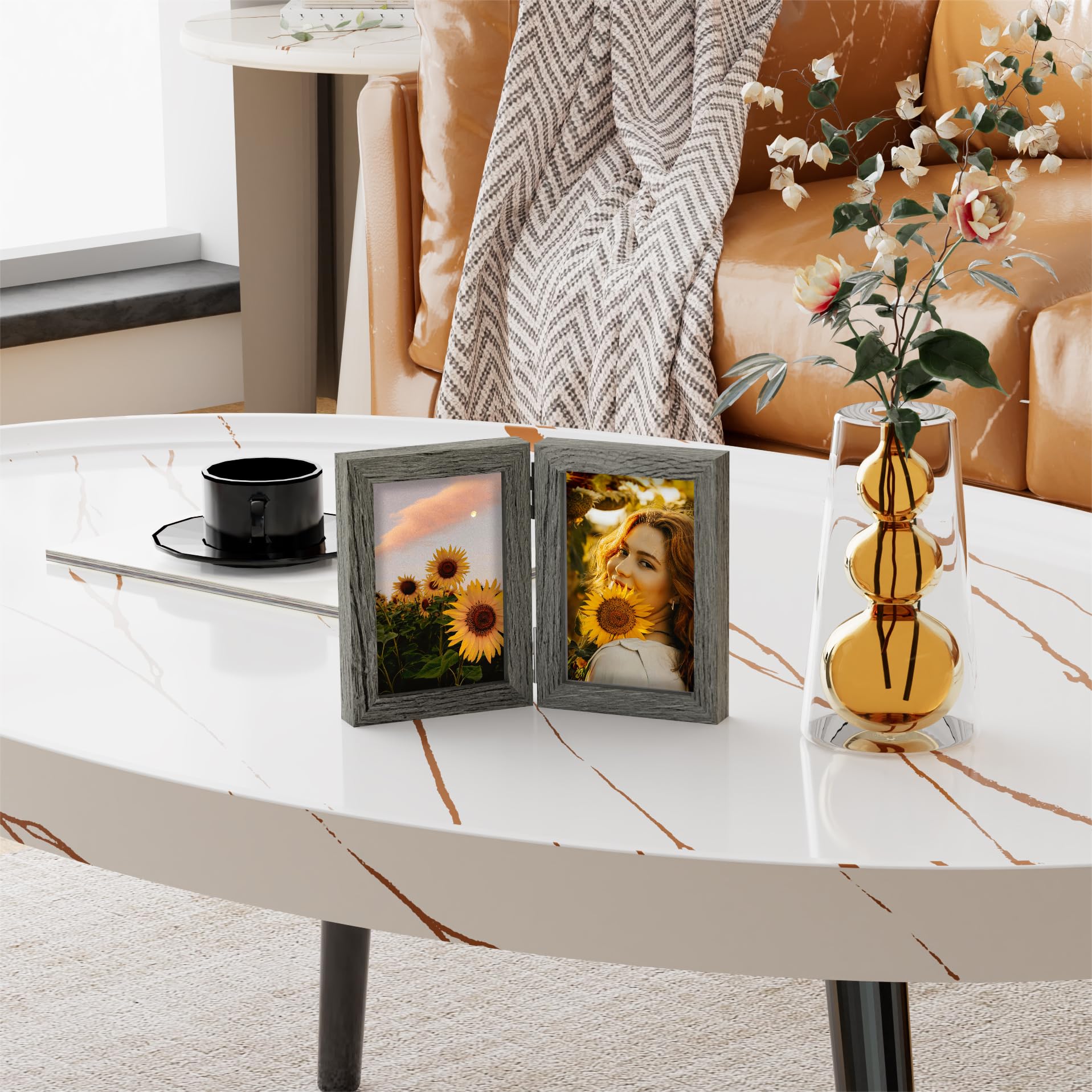 decorUhome Double 4x6 Picture Frame Vertical, Engineered Wood Bifold Photo Frame with Plexiglass for Tabletop Display, 4x6, Black