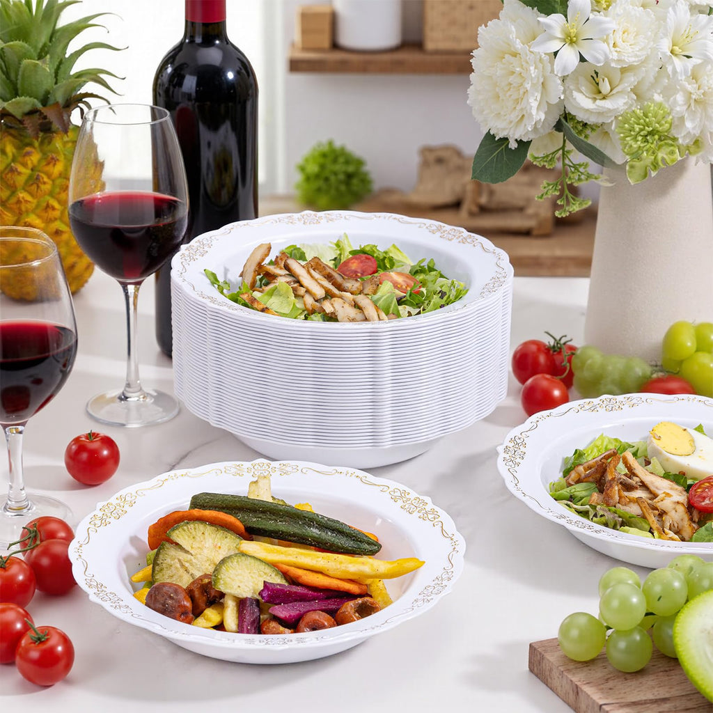 DaYammi 50 Pack White Plastic Bowls, 12oz Disposable Soup Bowls, White bowls Disposable Heavy Duty Dinner Bowls for Weddings, Salad Bowl for Parties, Dinners, Catering and Everyday Use